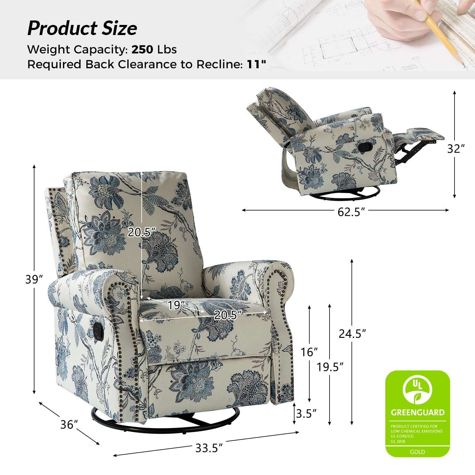 HULALA Home Modern Rocker Recliner, Printed Fabric Swivel Glider with Adjustable Backrest & Footrest, JEACOBEAN