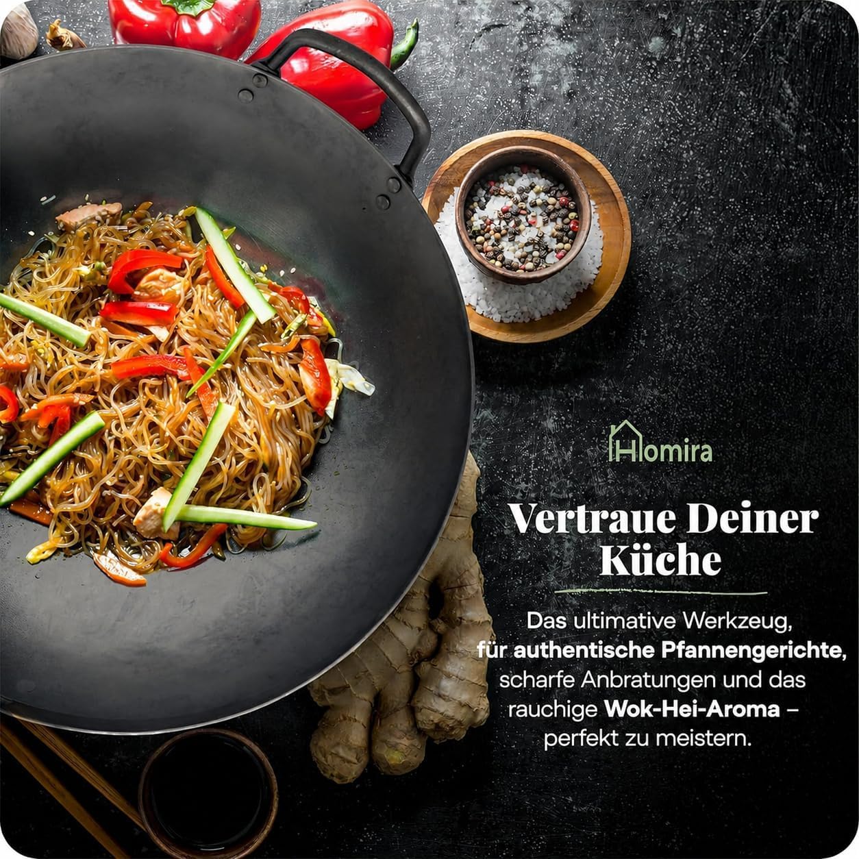Homira Wok 36 cm handgehämmert aus Karbonstahl mit flachem Boden und Holzgriff – traditionelle PFAS-freie Wokpfanne für alle Herdarten, Gas, Grill & Outdoor (Flacher Boden)