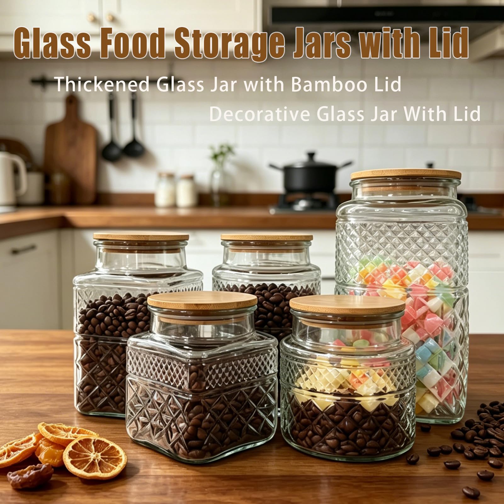 Vintage-Glasdose mit Deckel, Holzlöffel, 2 Stück, dekorative Glas-Vorratsdosen, luftdichte Deckel, transparenter Behälter für Lebensmittel, Süßigkeiten, Kekse, Zucker, Kaffee, Bohnen, Tee, Nüsse