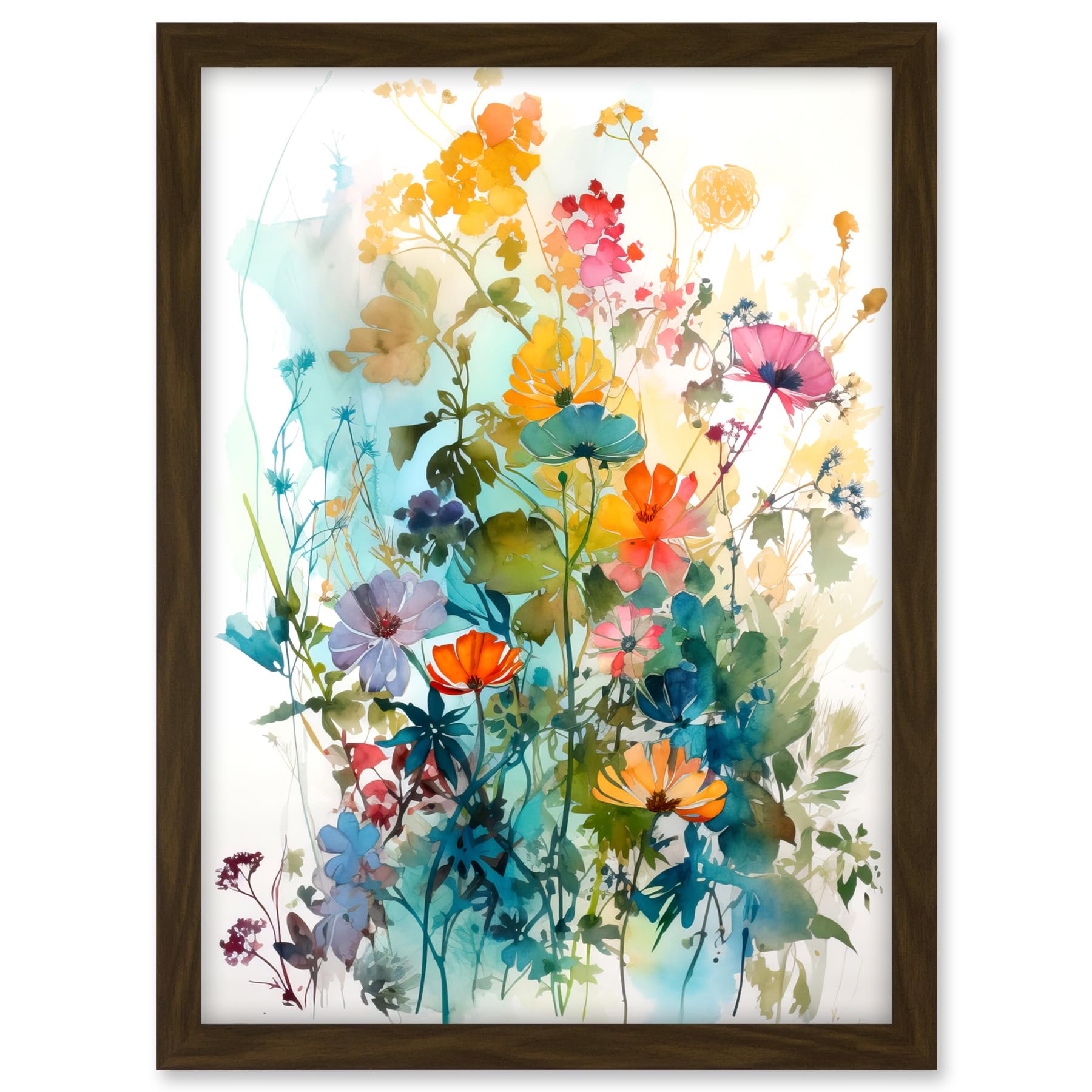 Artery8 Wild Flowers Watercolour Painting Rainbow Colour Bright Floral Spring Field Artwork Framed A3 Wall Art Print