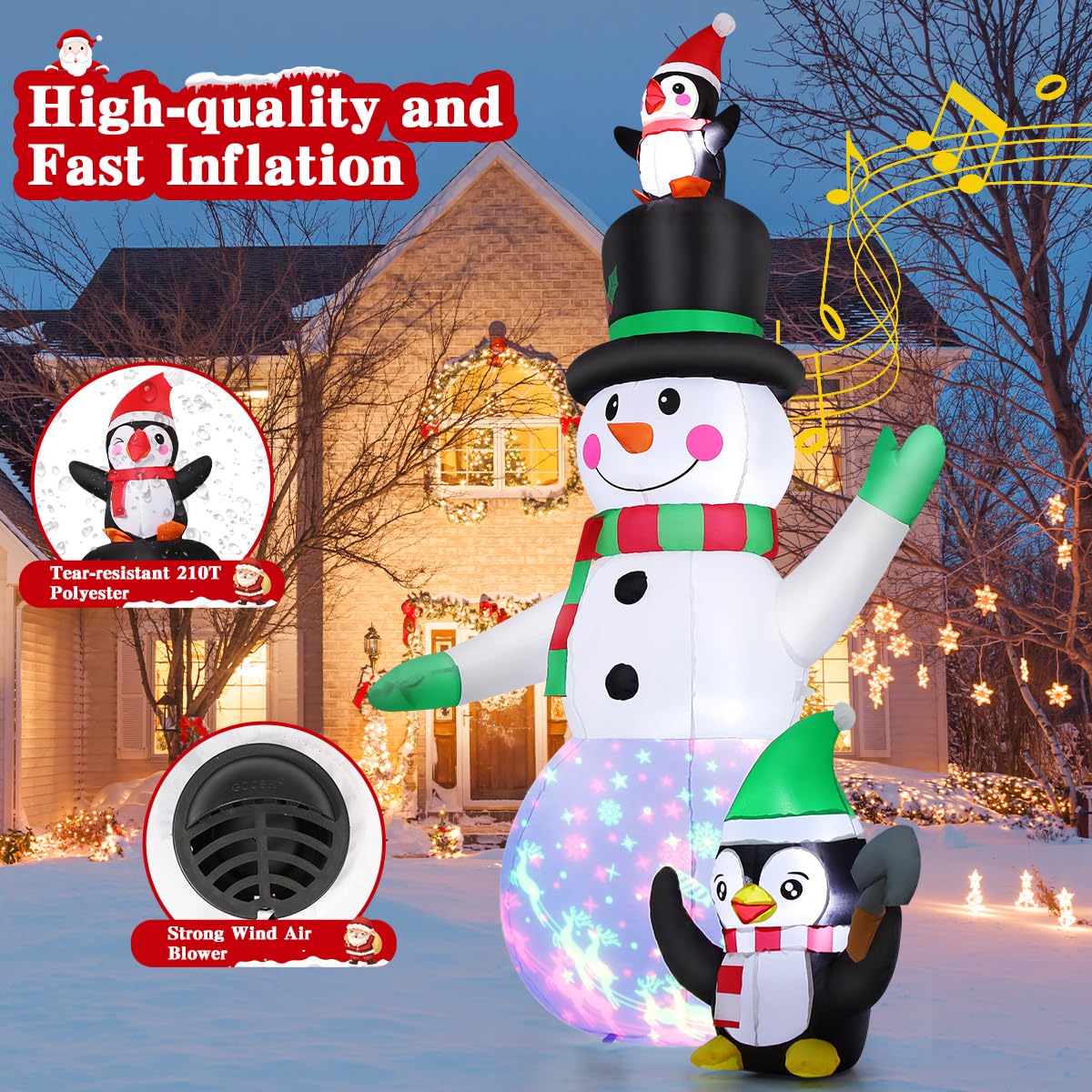 GOOSH Bonhomme de neige gonflable et pingouins de Noël de 2,1 m - Décoration extérieure - Bonhomme de neige souriant et pingouin mignon avec LED intégrées pour décoration intérieure, fête, jardin,