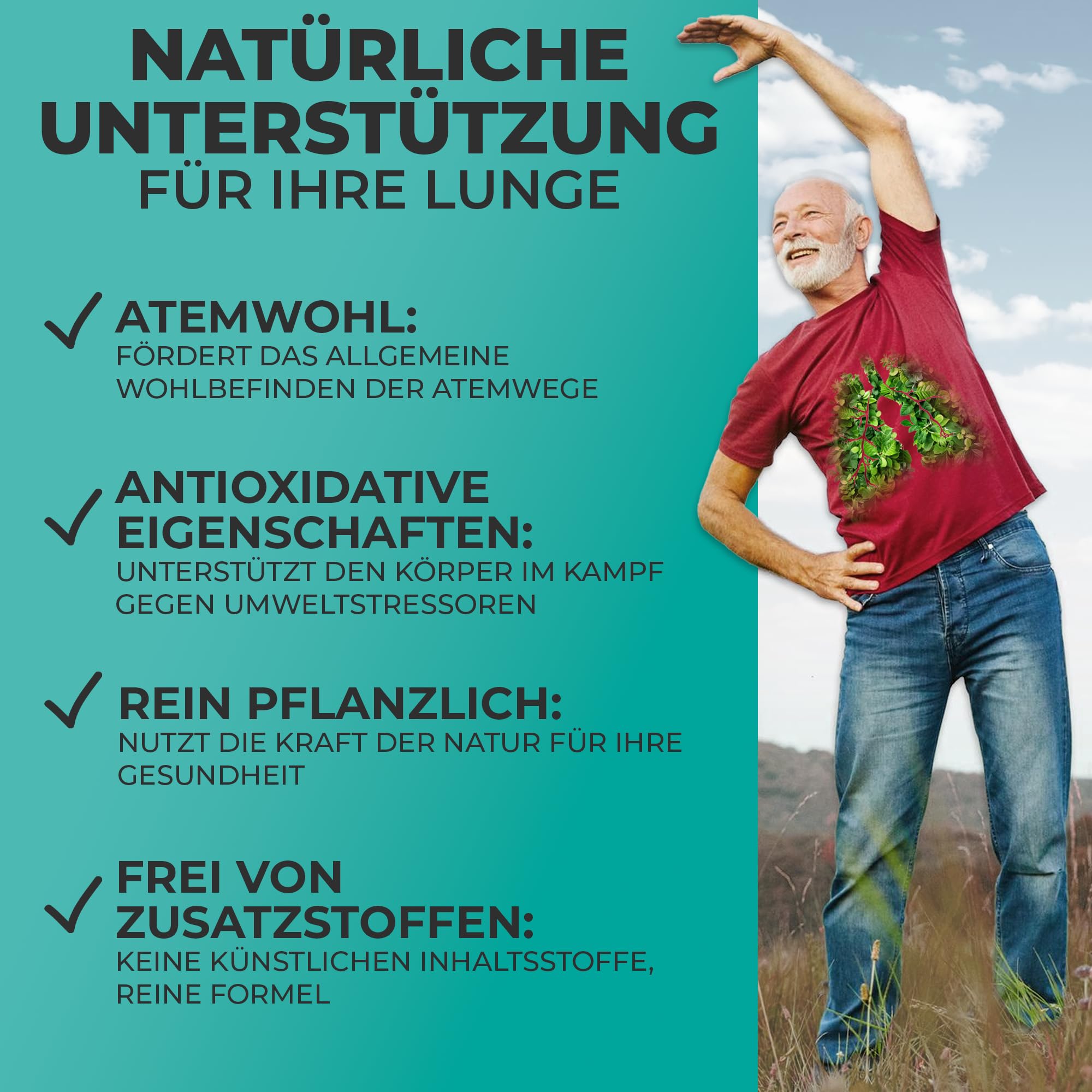 VitalungExtra Lungenkraut-Extrakt mit 50 mg Cordyceps und Thymian – hochdosiert & vegan für die Lunge – Vitamin A, C, E & B6 – Chinesischer Vitalpilz & Atem-Komplex (30 Kapseln)