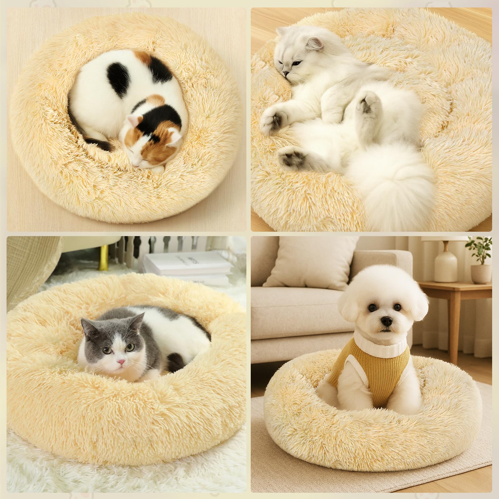 MDDK DY Cuscino per cani, Cuccia Cane interno Morbida Rotonda, Anti-ansia e soffice cuccia gatto, Base Antiscivolo e Lavabile 60 cm Beige Chiaro