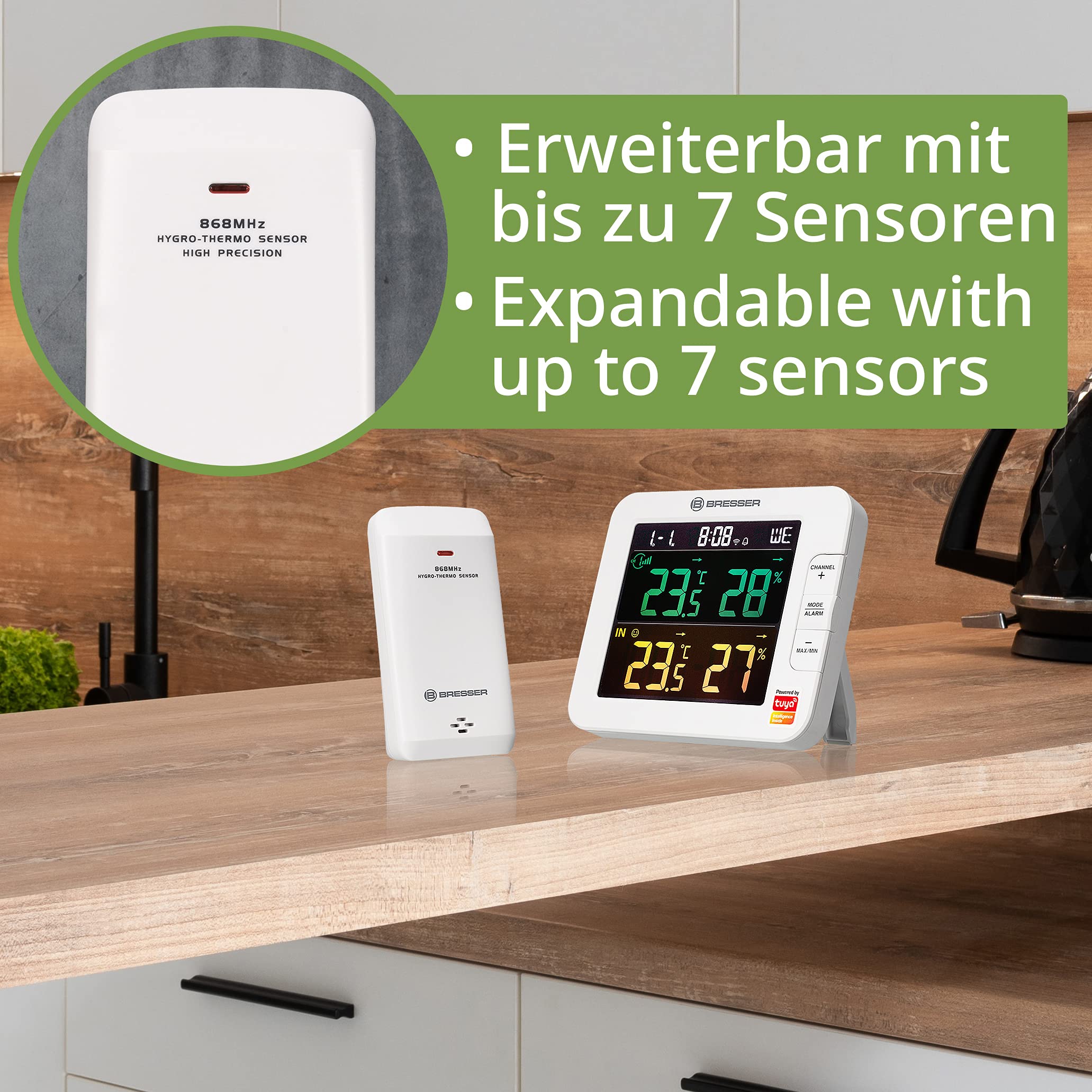 Bresser WLAN Smart Home 7-Kanal Tuya Funk Thermometer-Hygrometer mit Außensensor, mit integriertem Wecker, Weiß | Temperatur und Luftfeuchtigkeitsmesser, Schimmelalarm, Lüftungsempfehlung, Tuya App, WLAN, 150 m Reichweite