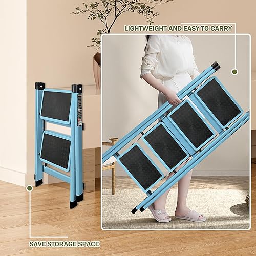 Miniatura 3 de Krightlink Escalera de escalón, taburete plegable con escalones de plataforma anchos, escalera plegable portátil de acero resistente para adultos,