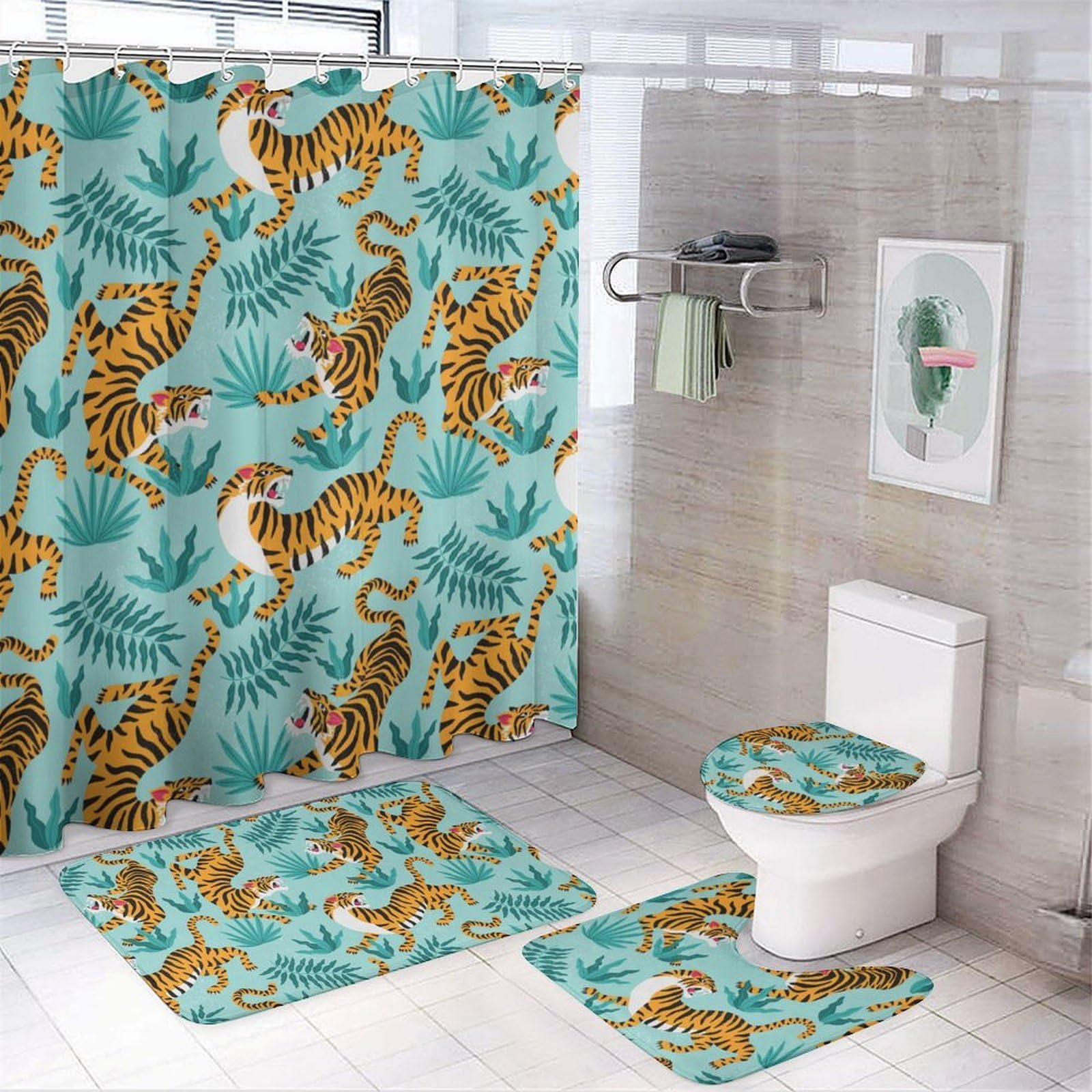 JiuPopular Bathroom Mat Set 4 Piece, Tiger Pattern Shower Curtain with Non-Slip Bath Mats for Bathroom