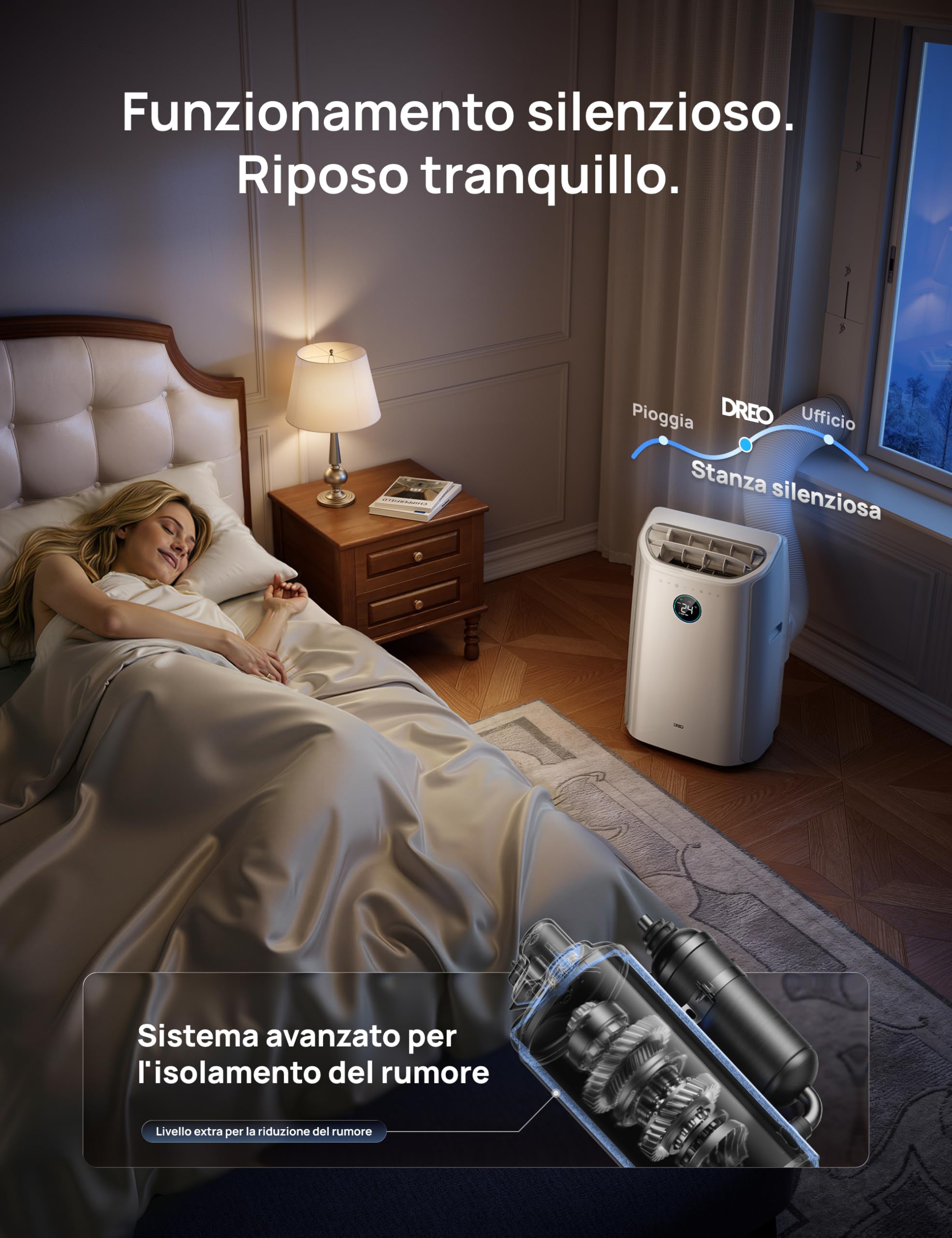 DREO climatizzatore portatile 12000 BTU 3-in-1 raffreddamento/ventilazione/deumidificazione, silenzioso per camera e ufficio, controllo app e vocale, senza drenaggio, kit finestra, 3,2 L/h, AC516S