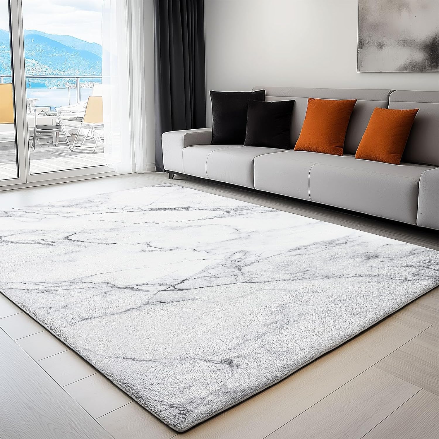 Motif Noir Tapis 150x210 cm Marbre Blanc Moquette Antiderapant à Poils Courts Tapis 3D Lavable en Machine Convient aux Grands Salons Salles à Manger et Chambres b-2027