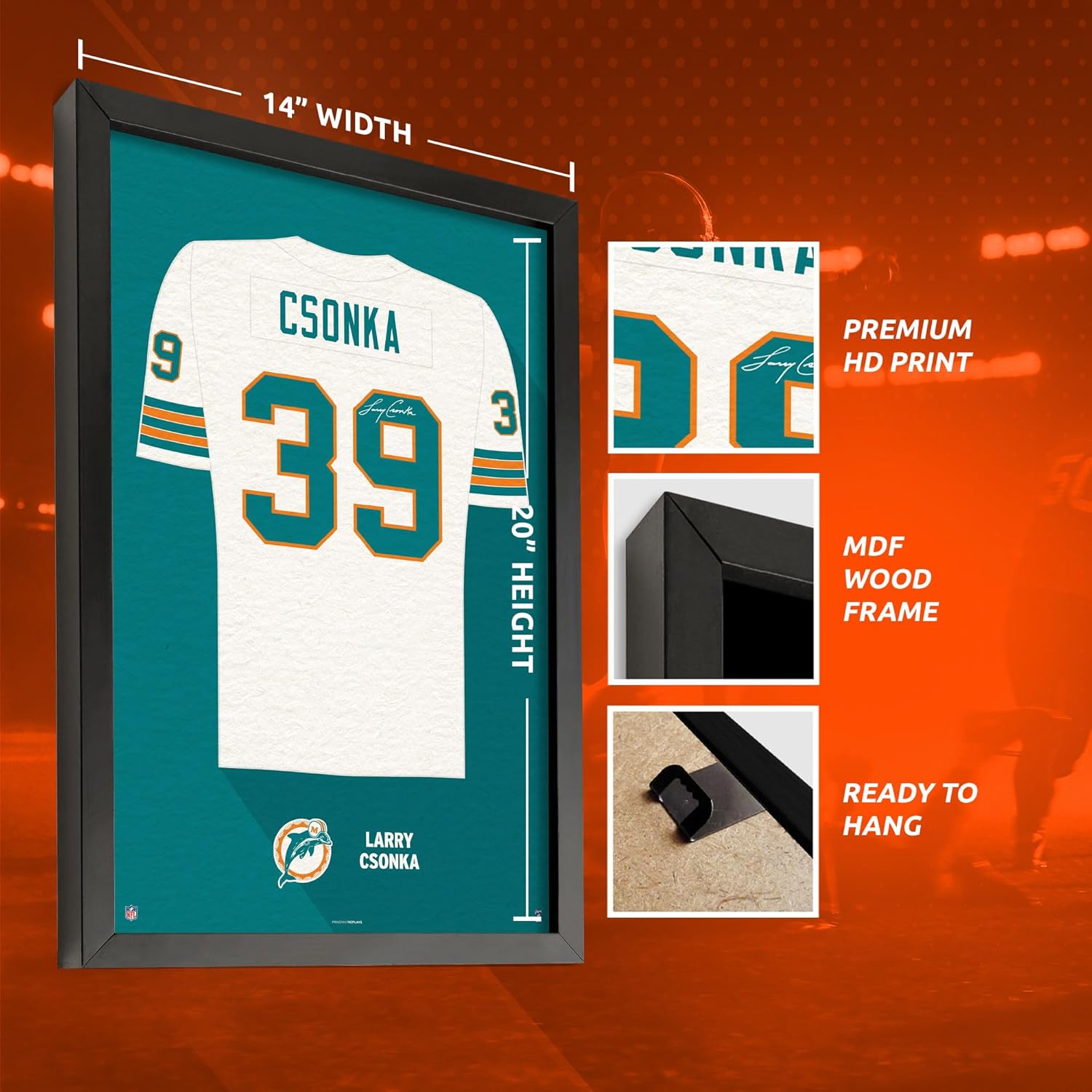 Sporticulture NFL American Football Miami Dolphins - Larry Csonka Jersey Print Framed Wall Art Picture Poster for Boys Bedroom and Man Cave Decor - Ready to Hang, White 14" x 20", Small