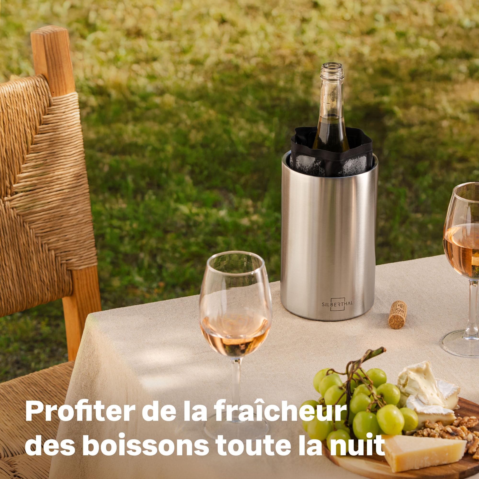 SILBERTHAL set refrigerazione vino in acciaio inox – glacette vino + secchiello ghiaccio 3L con pinza e coperchio – con 2 manicotti refrigeranti – accessori vino e bar