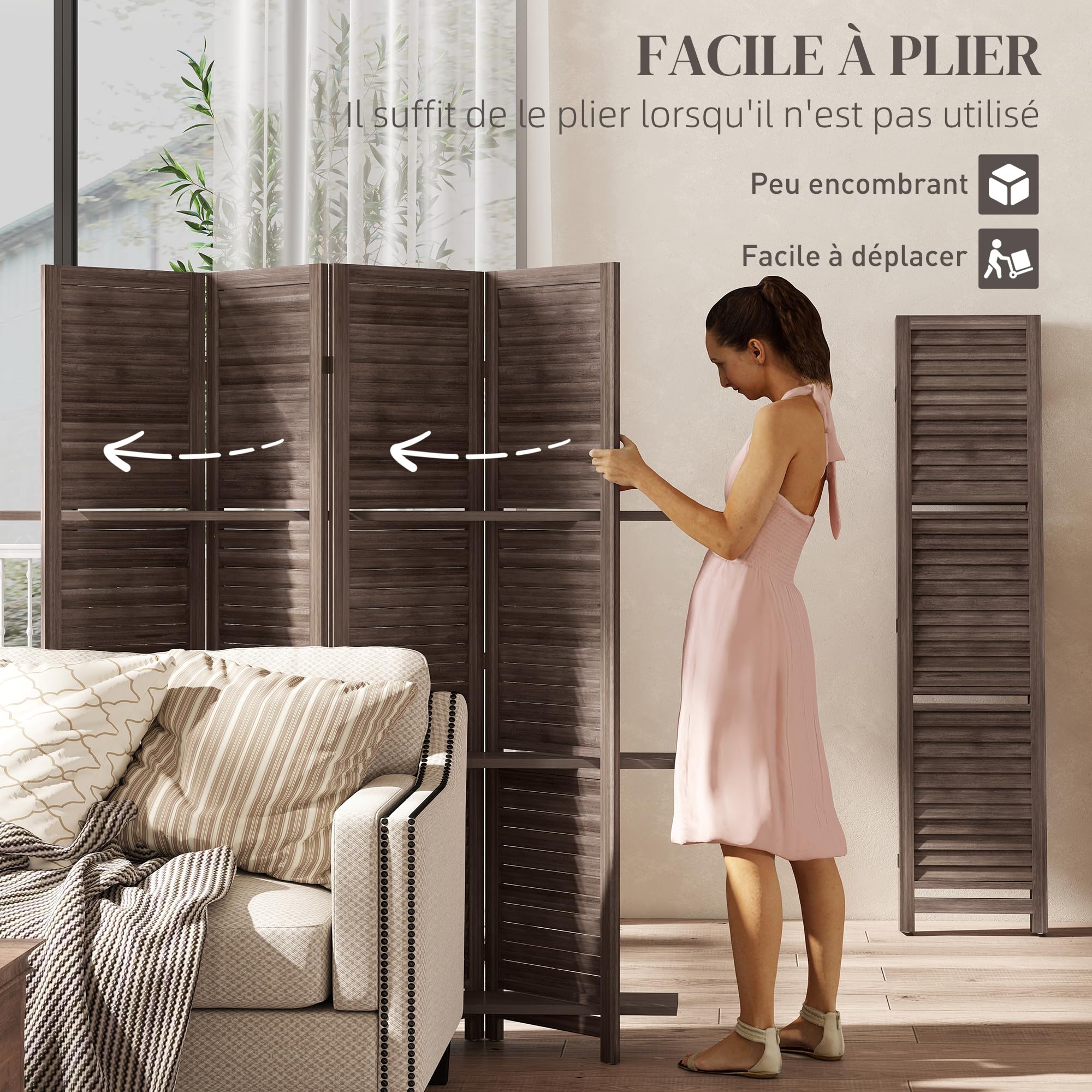 HOMCOM Paravent Intérieur en Bois 4 Panneaux 160 x 170 cm Noyer
