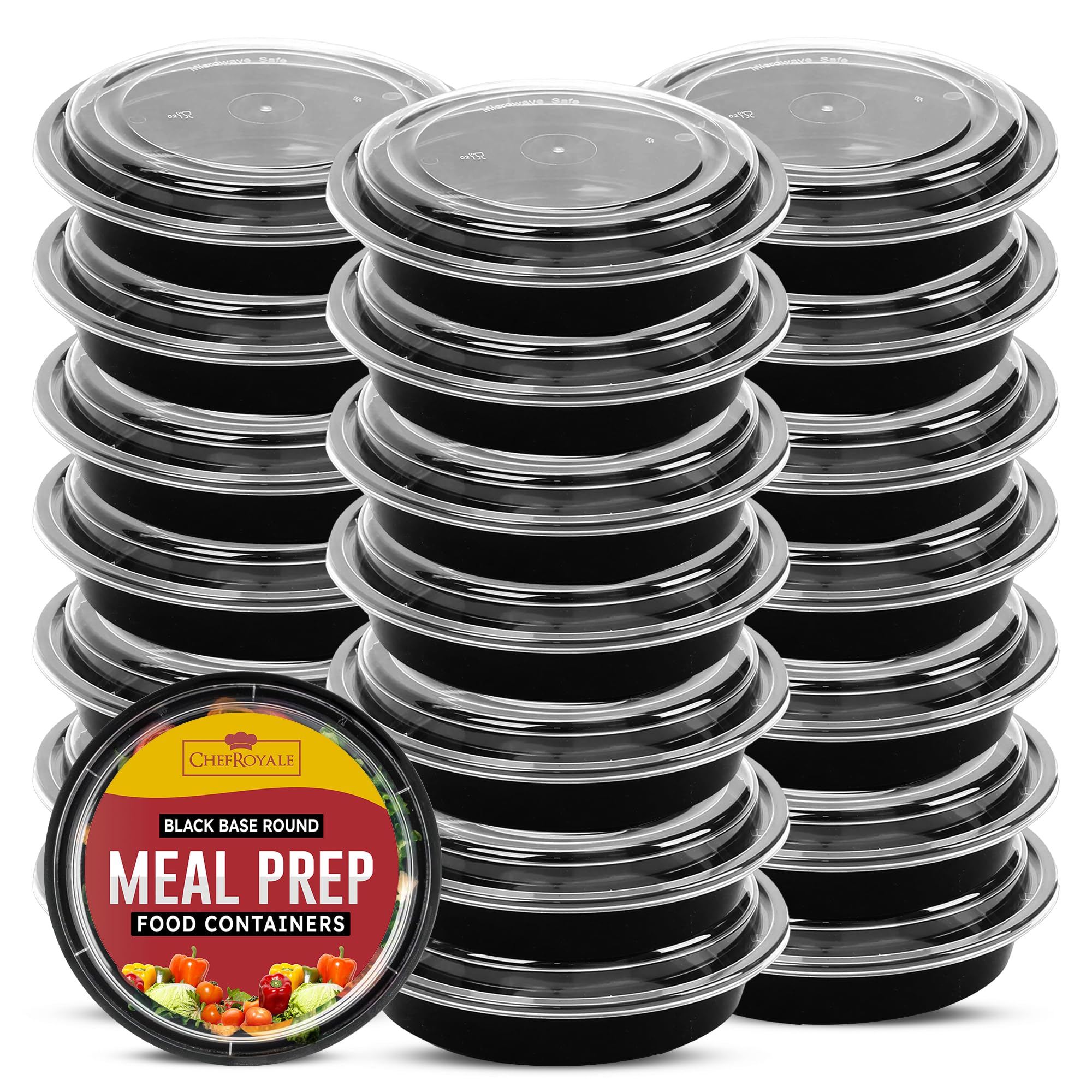 CHEF ROYALE 30 sets x 24oz Round Meal Prep Containers BPA Free Storage with Airtight Lids - Microwave, and Dishwasher Safe - Stackable Lunch Boxes - Recyclable, Reusable (30)