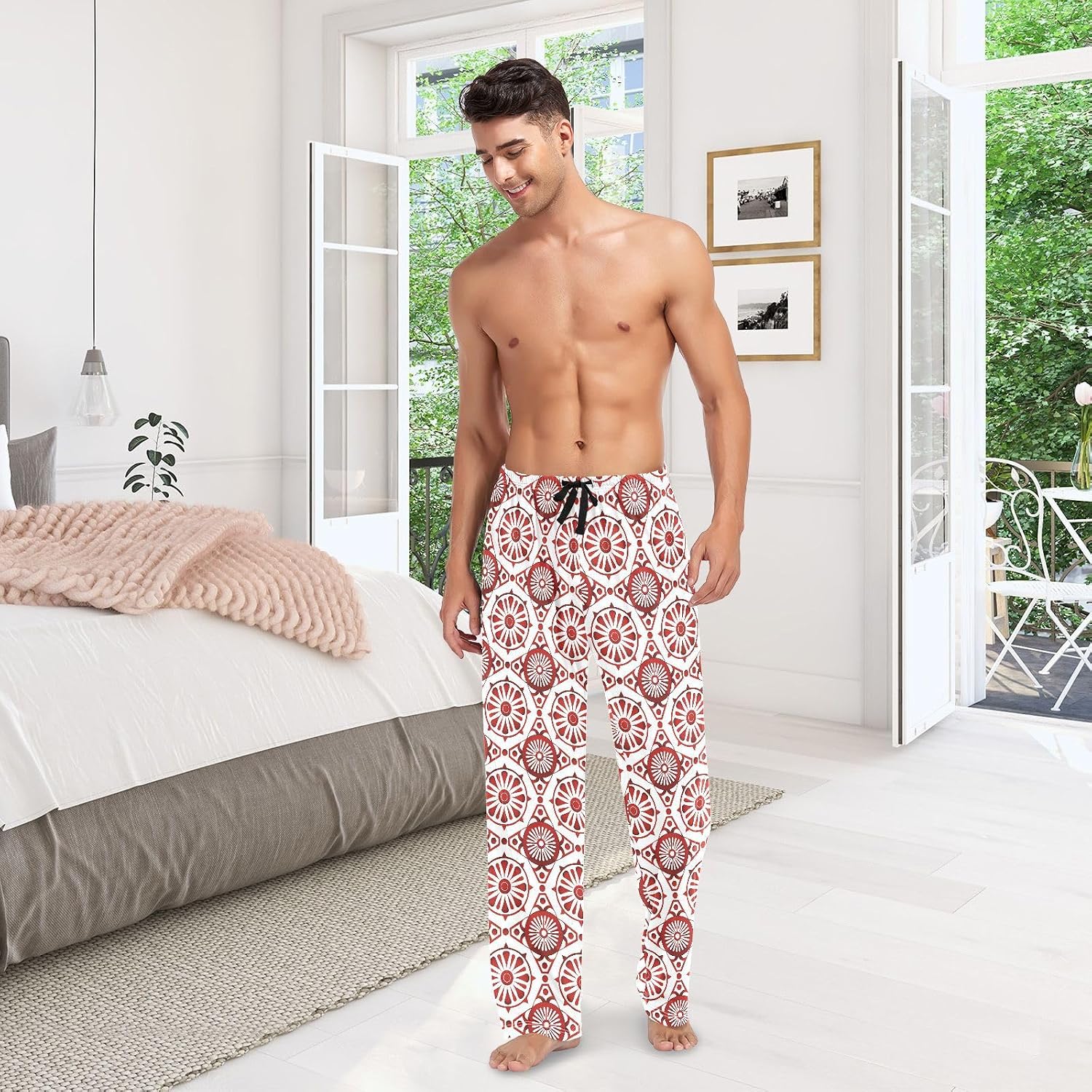 Red and White Geometric Circular Mens Pajama Bottoms Pyjama Pants with pockets for Men'S Sleepwear Medium