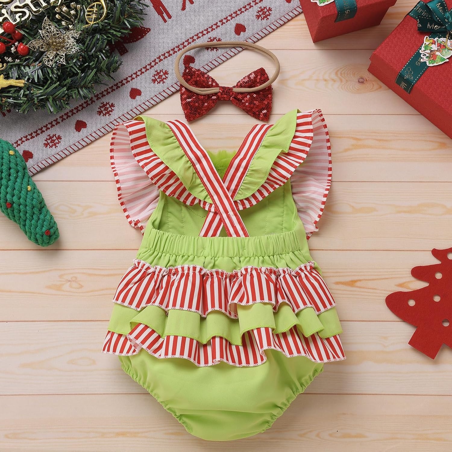 FYMNSI Newborn Christmas Onesie Baby Girls Ruffle Romper Jumpsuit Sequin Headband Infant My First Christmas Birthday Clothes - Image 3