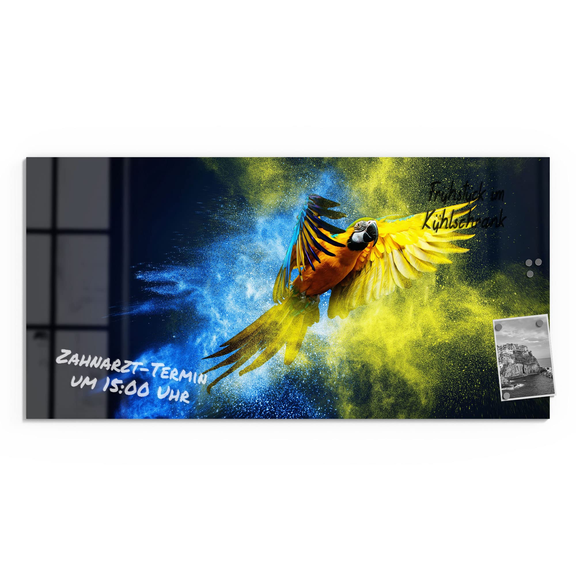 DEQORI Glas-Magnettafel | 100x50 cm groß | Motiv Papagei in Farbwolke | Memo-Board aus Glas | Magnetboard inkl. Magnete, Stift & Tuch für Küche & Büro | Tafel magnetisch & beschreibbar
