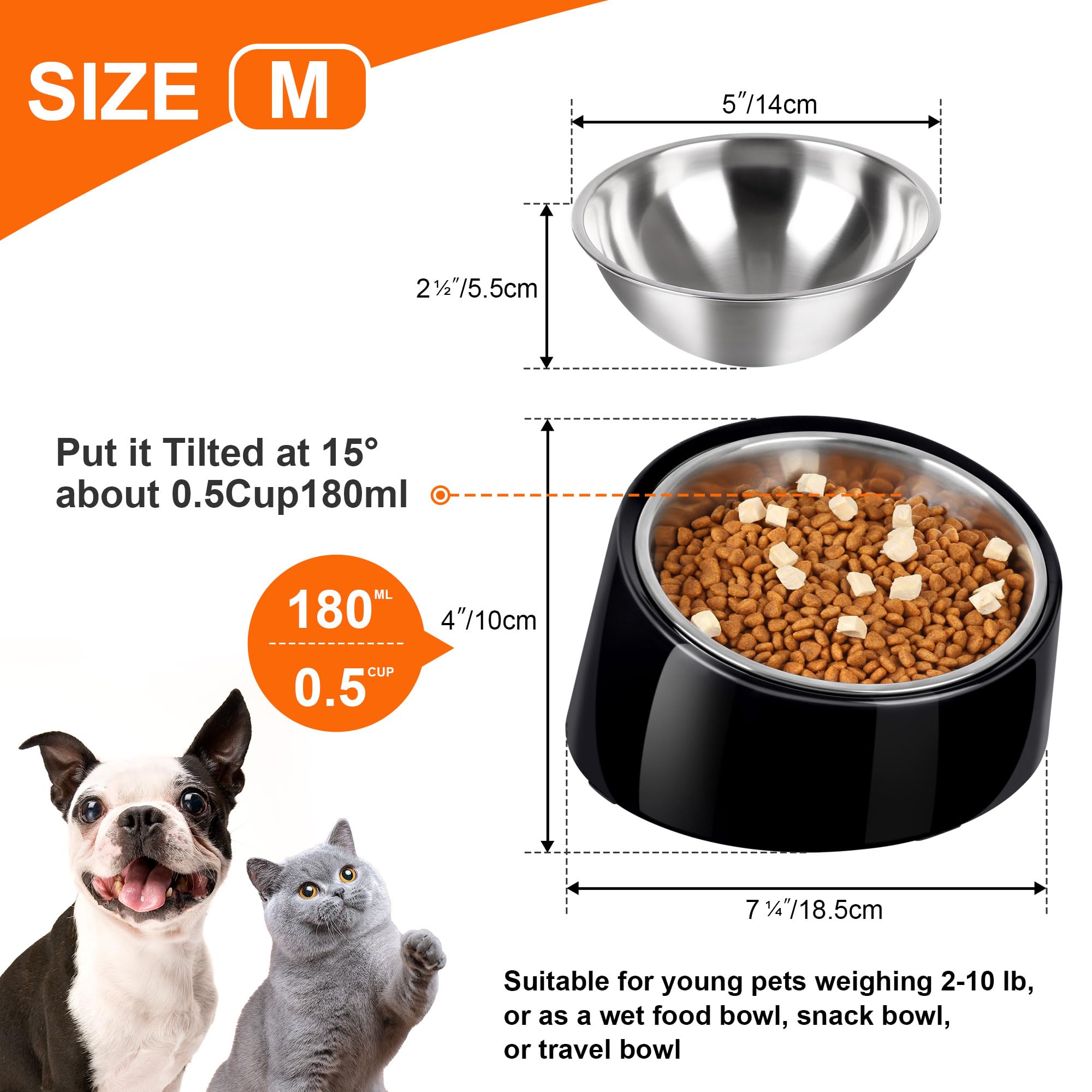 Ciotola per cani inclinata ad angolo, ciotola inclinata in acciaio inox da 15 gradi, ciotola per cibo per cani e gatti, antiscivolo e anti-fuoriuscita, con supporto in melamina rimovibile