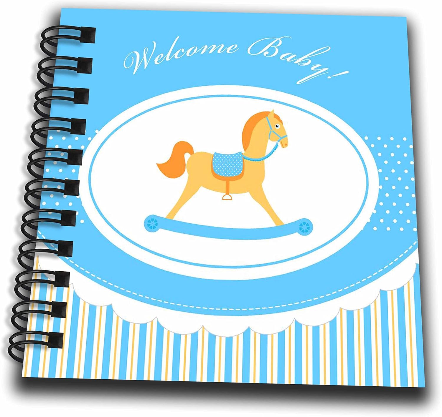 3dRose db_156657_2 Baby Boy Rocking Horse on Blue and White Stripes Background and Welcome Message-Memory Book, 12 by 12-Inch