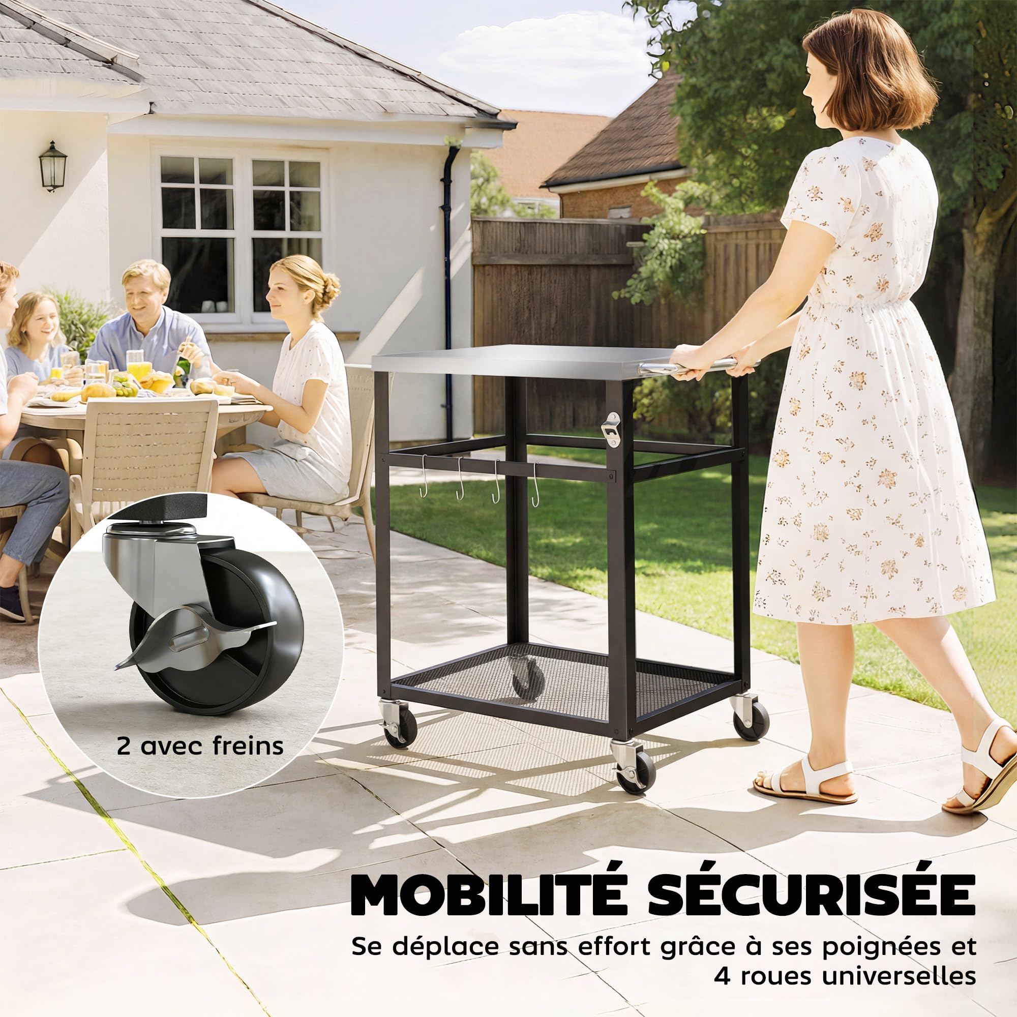 Outsunny Desserte Jardin Chariot de Barbecue sur roulettes îlot de Cuisine Plateau en Acier Inoxydable étagère Ouverte Crochets, poignée et Roues verrouillables, 82 x 55 x 79 cm, Noir