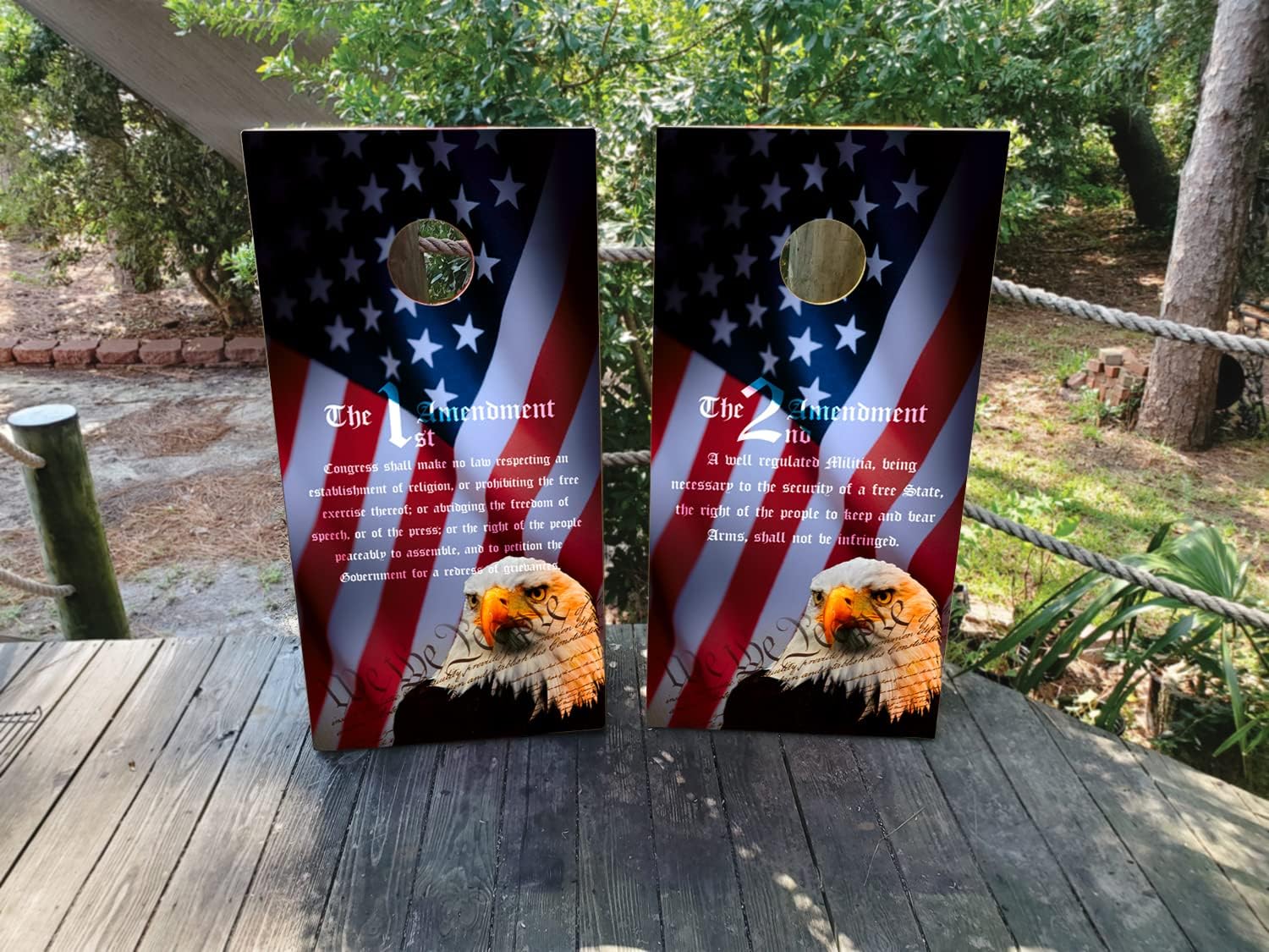 Waterproof & Non-Fading: Kyle’s Cornhole Wraps - 1st and 2nd Amendments with a USA Flag and Bald Eagle (Set of 2) – Laminated and Regulation 2x4 Size
