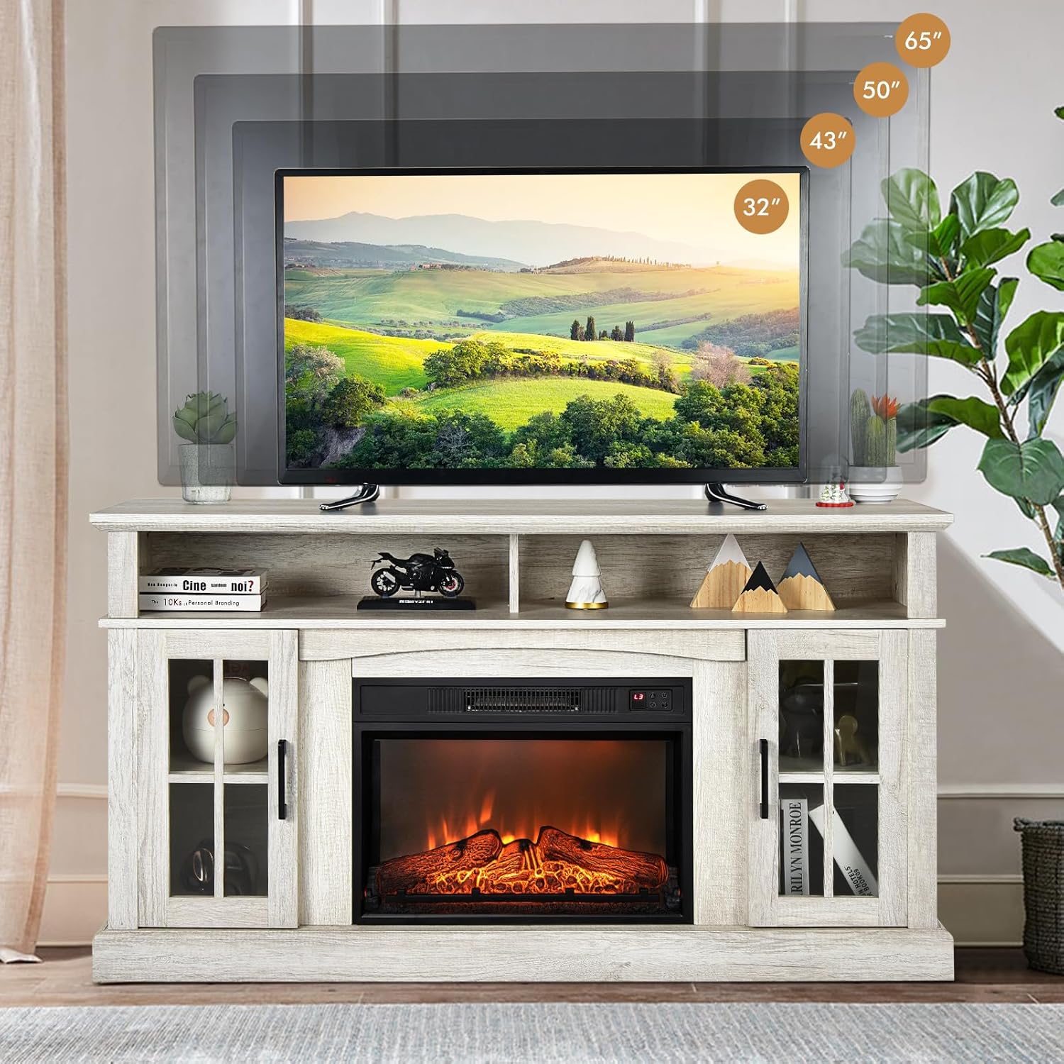 GOFLAME 58" TV Stand with Electric Fireplace Insert, Fireplace Entertainment Center with Side Cabinets & Adjustable Shelves, Overheat Protection, Remote Control & Timer for TVs up to 65 Inches (Grey)