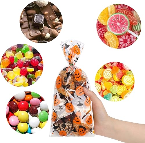 Miniatura 4 de LOKIPA Bolsas de celofán para dulces de Halloween, 150 piezas, bolsas de regalo con lazos giratorios para suministros de fiesta (3 estilos)