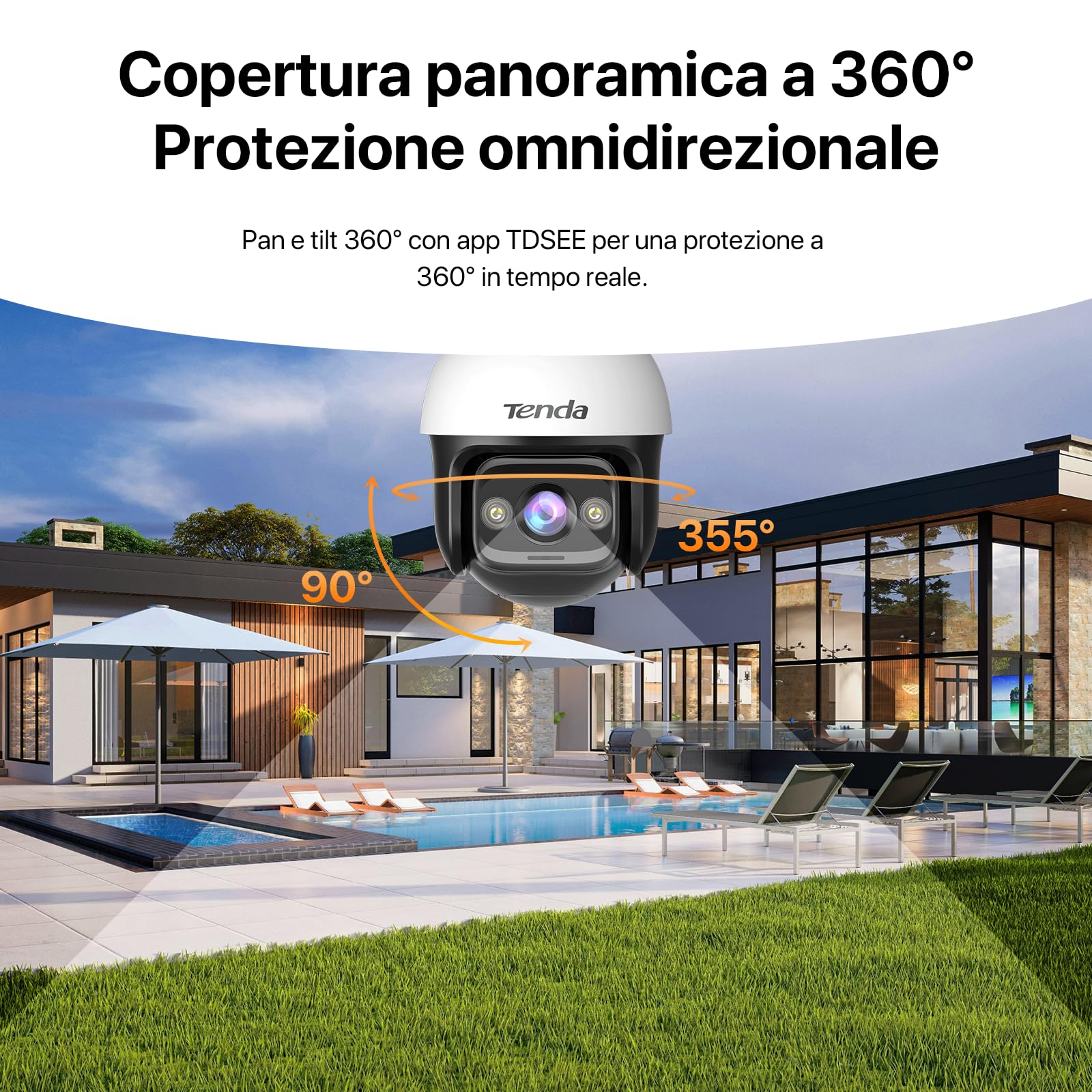 Tenda Telecamera Wi-Fi Esterno, 2K Videocamera Sorveglianza con Visione Notturna a Colori, IP Cam 360°, Audio Bidirezionale, Rilevamento di Movimento e Persone, Compatibile con Alexa, CH3