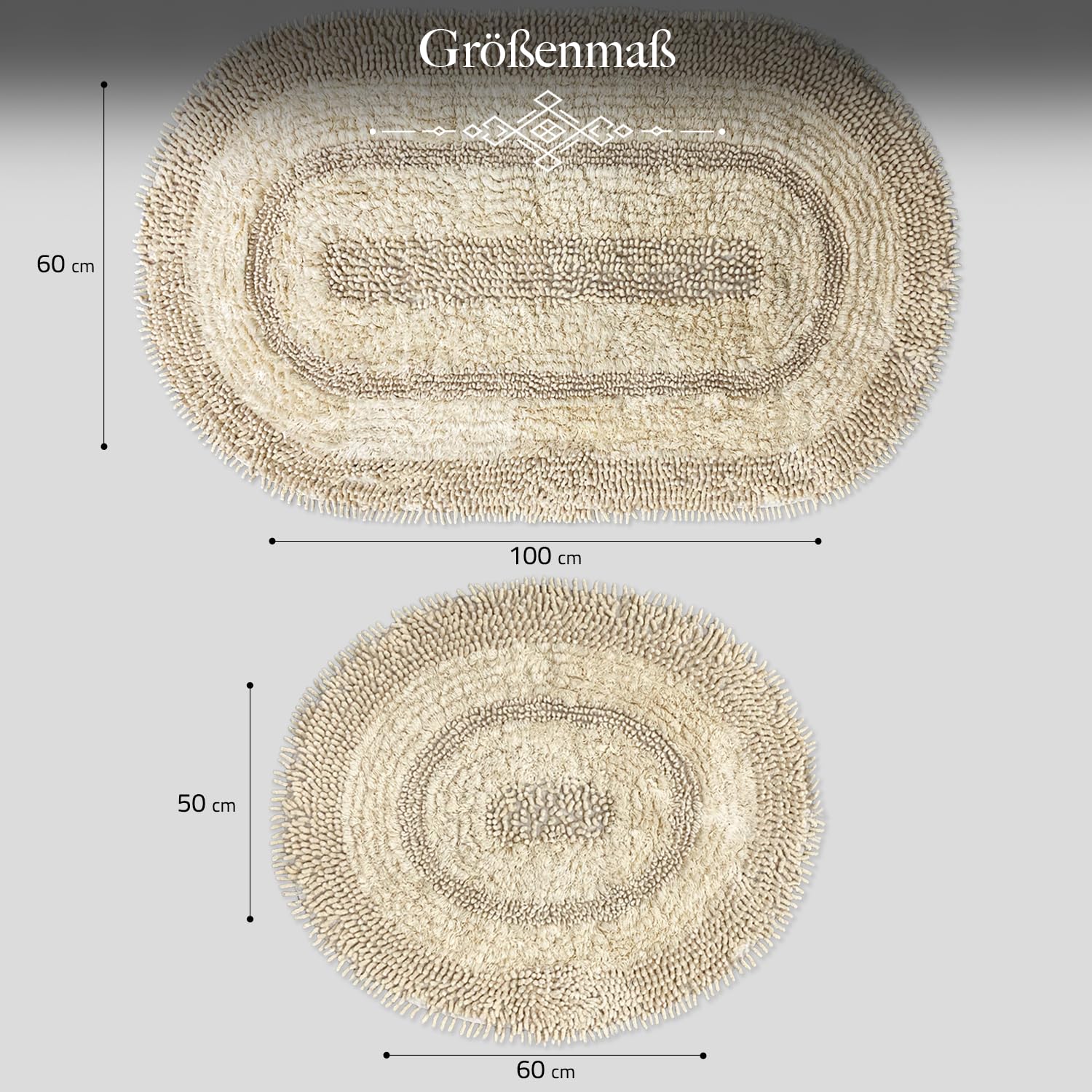 Oval Baumwoll-Badematte Set 2er Beige (60x100 cm + 50x60 cm)| Badezimmerteppich, Badteppich | Weiche Bad- und Duschvorleger | Für Bad, Dusche und Toilette, Maschinenwaschbar Badvorleger IMacoroni
