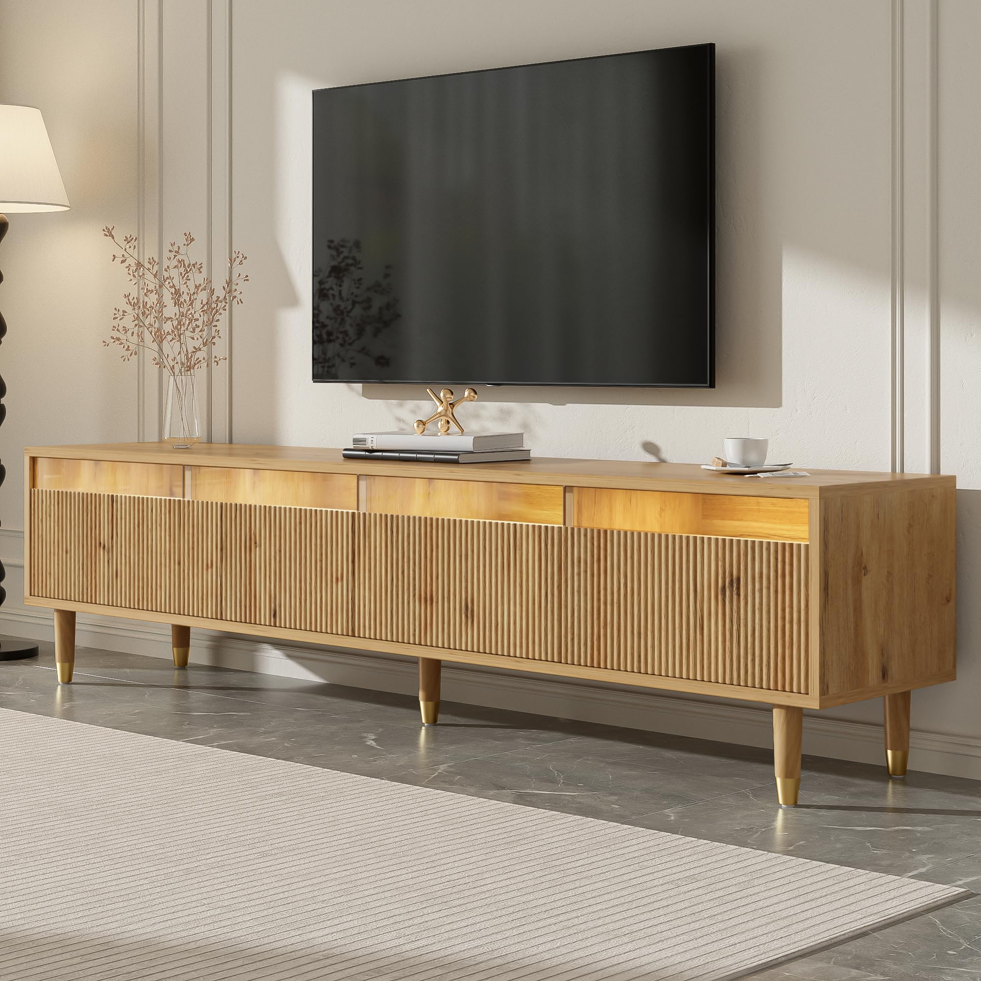 Azkoeesy Mobile TV con illuminazione a LED e 4 cassetti, 178 x 35 x 45 cm, con accenti dorati, vano portaoggetti XL per soggiorno, robusto MDF e acrilico, design moderno (naturale)
