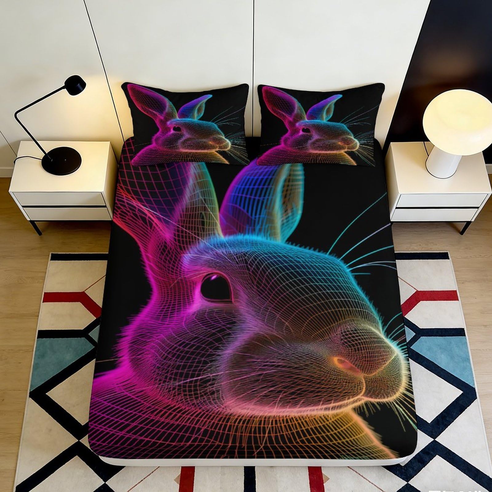 Zfldkwgb Style-7 3D Printed Neon Rabbit Fitted Sheet Microfiber Blacklight Bunny Mattress Cover Anti-Slip Easy Care For Bedroom Guest Room Home Decor 90X200x25cm
