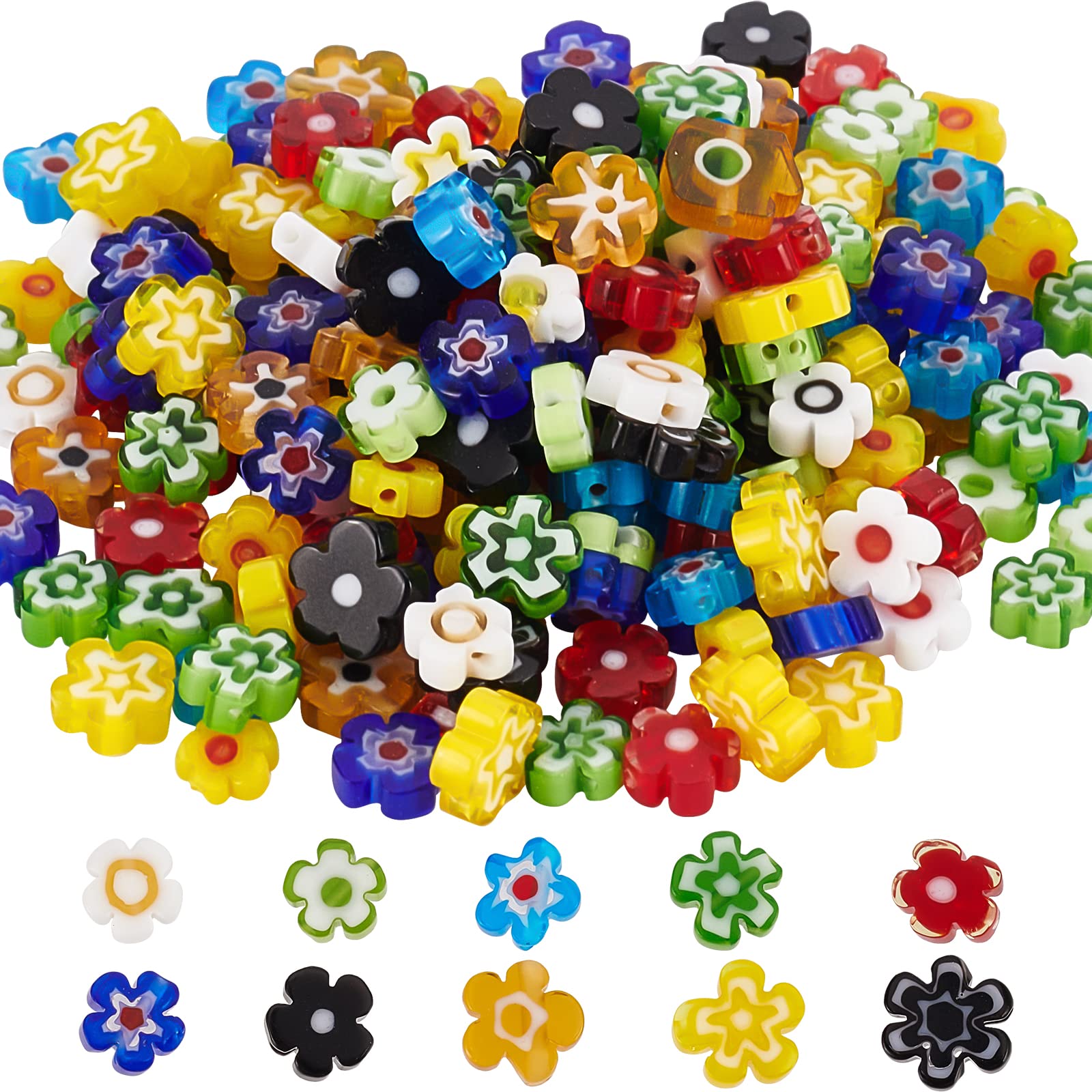 SUNNYCLUE 1 Box 200Pcs 10 Styles Handmade Millefiori Lampwork Glass Beads Flower Flat Round Loose Spacer Bead for DIY Necklace Bracelet Earring Jewelry Making Handmade Crafts
