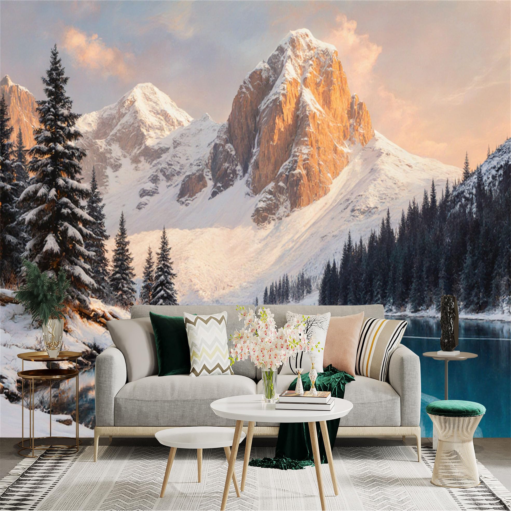 Custom Size Wall Sticker Mural， Snowy Mountain Peak， Winter Lake Landscape， Pine Forest Scenery， Natural Cold Morning View， for wall Decoration， peelandstick wall Decals.