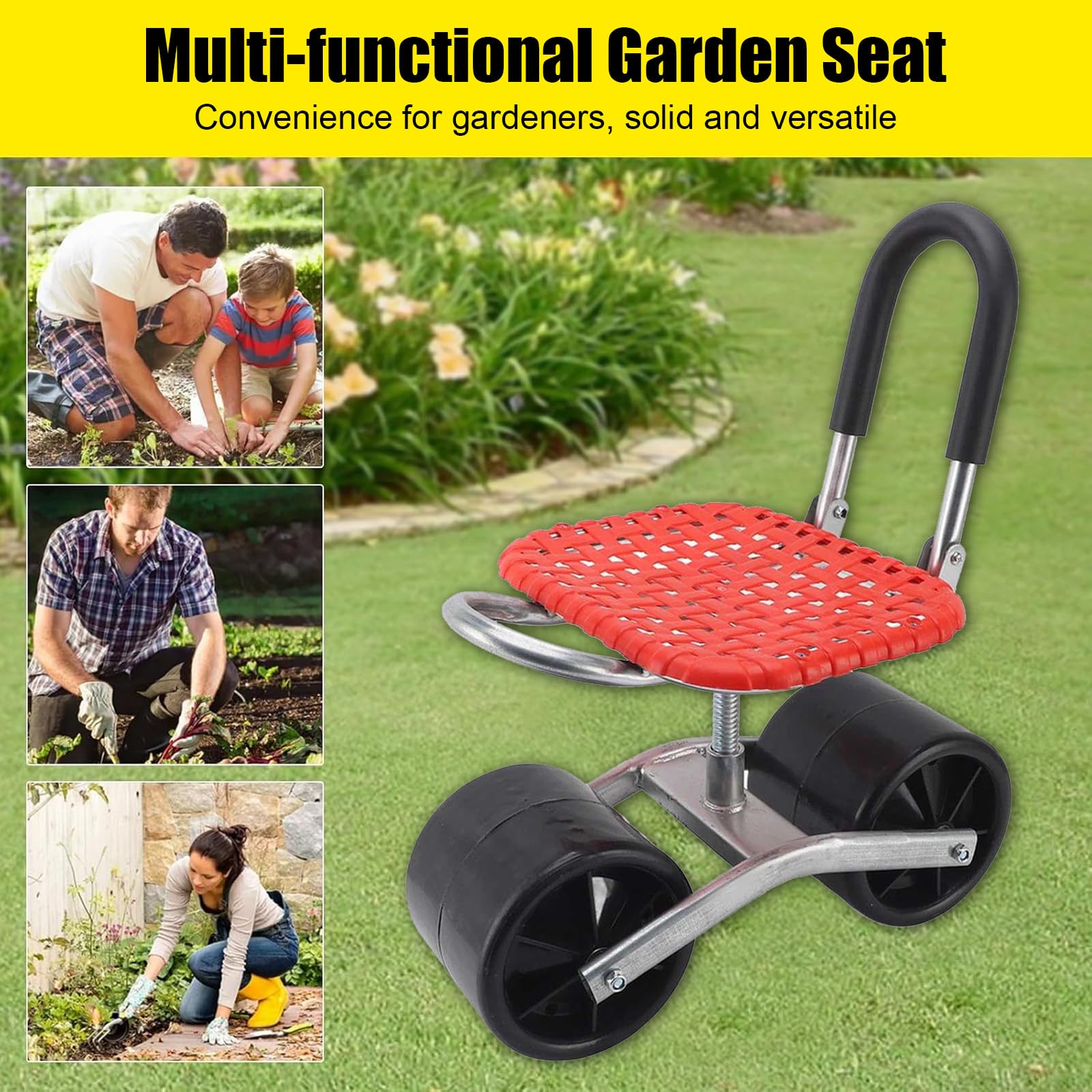 Taburete de jardín con ruedas, asiento con ruedas para carrito de jardín móvil hasta 130 kg, asiento giratorio de 360 grados, neumáticos de goma anchos para jardinería, carro de taller, carrito