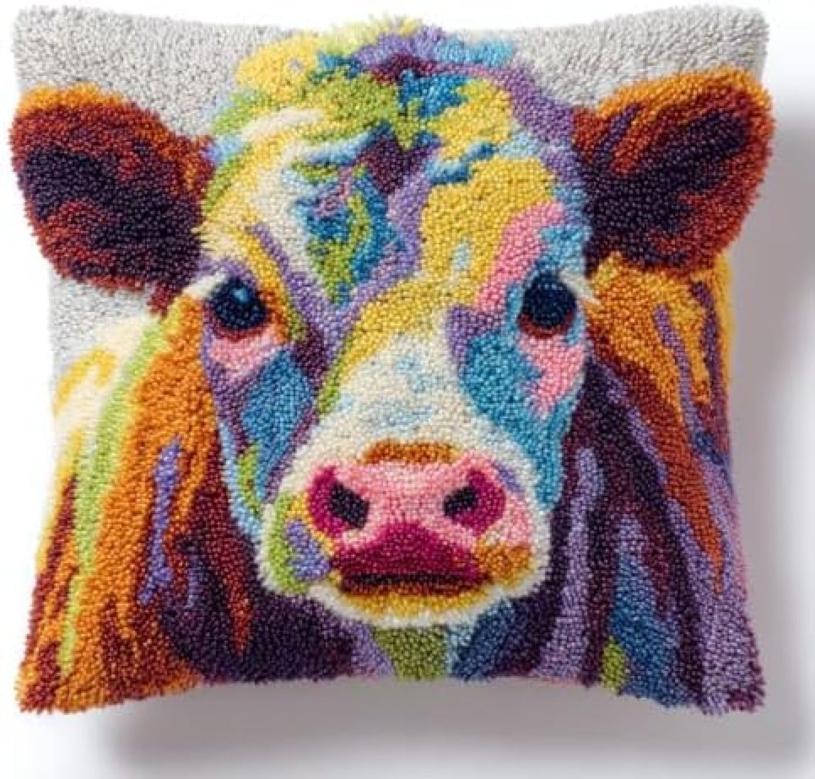kitphoenix DIY Latch Hook Cushion Cover Kit for Adults Beginners,Calf Portrait,Pre-Printed Canvas with Yarn and Hook,43x43 cm Handmade Home Décor Craft Set