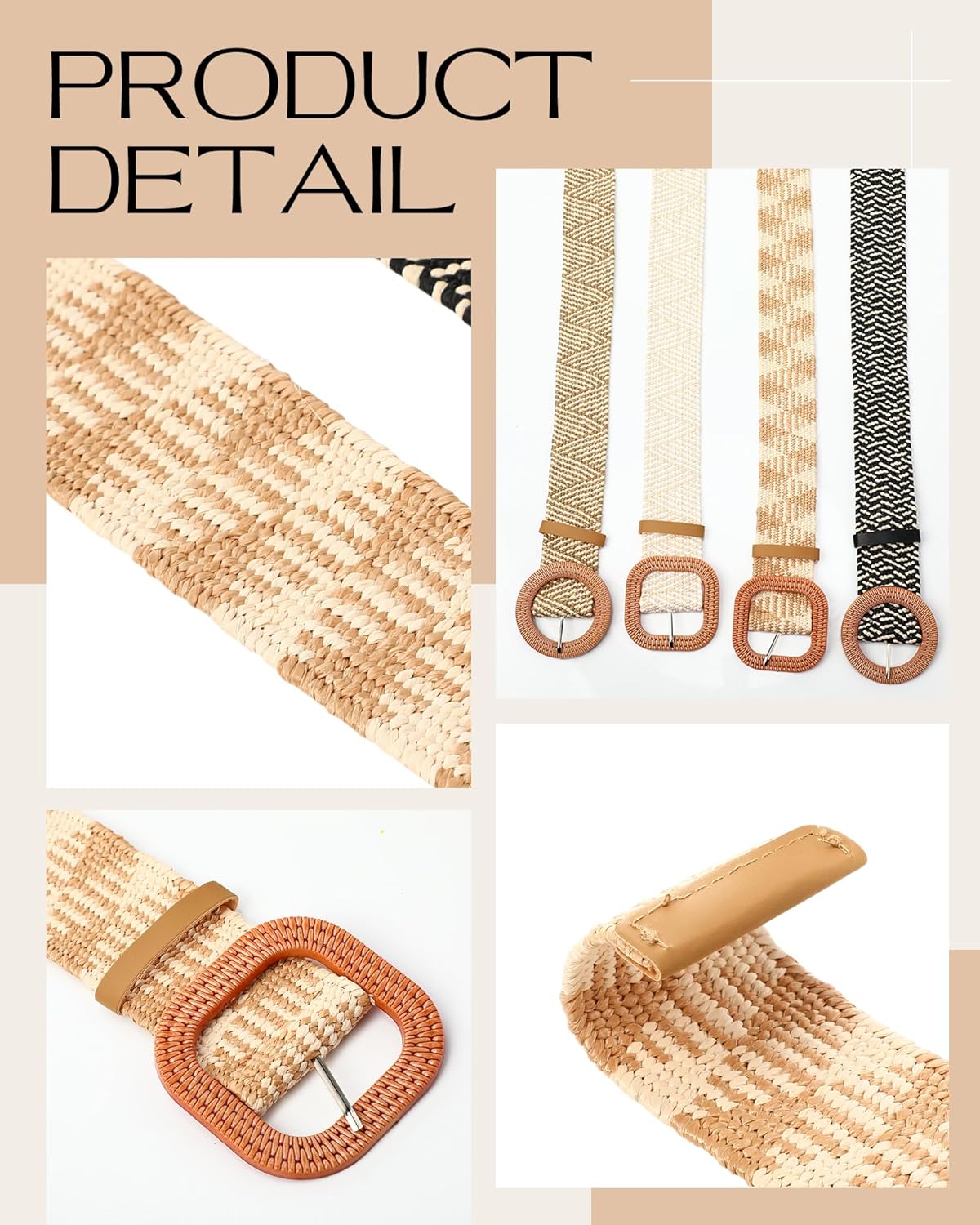 WILLBOND 4 Pcs Straw Woven Belt Elastic Stretch Rattan Buckle Waist Belt Women Skinny Raffia Dress Waist Band - Image 7