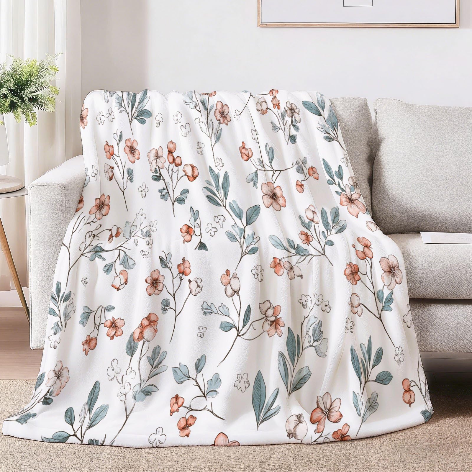 Coperta rustica in pile Sherpa con stampa floreale e piccoli fiori e piante, reversibile, 180 x 200 cm, per biancheria da letto, divano, letto, decorazione per la casa, beige e verde