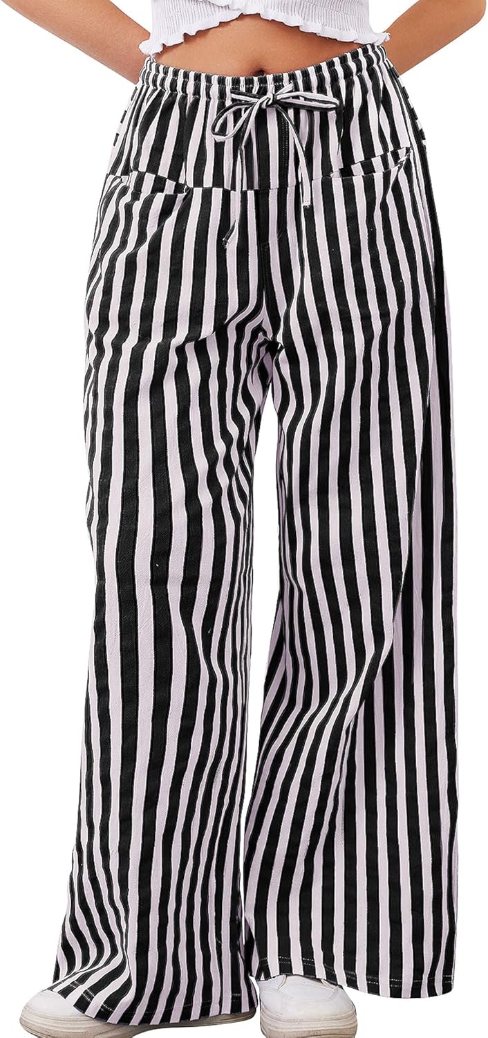 2026 Summer Striped Pants Women Loose Wide Leg Drawstring Pants Lightweight Low Rise Lounge Trousers with Pockets