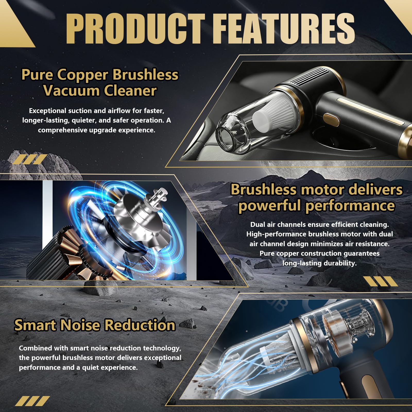 Mini Car Vacuum with Brushless Motor, Handheld Wireless Handheld Vacuum, Car Vacuum Cleaner Cordless for Car Detailing, Pet Hair and Home (Black) - 4