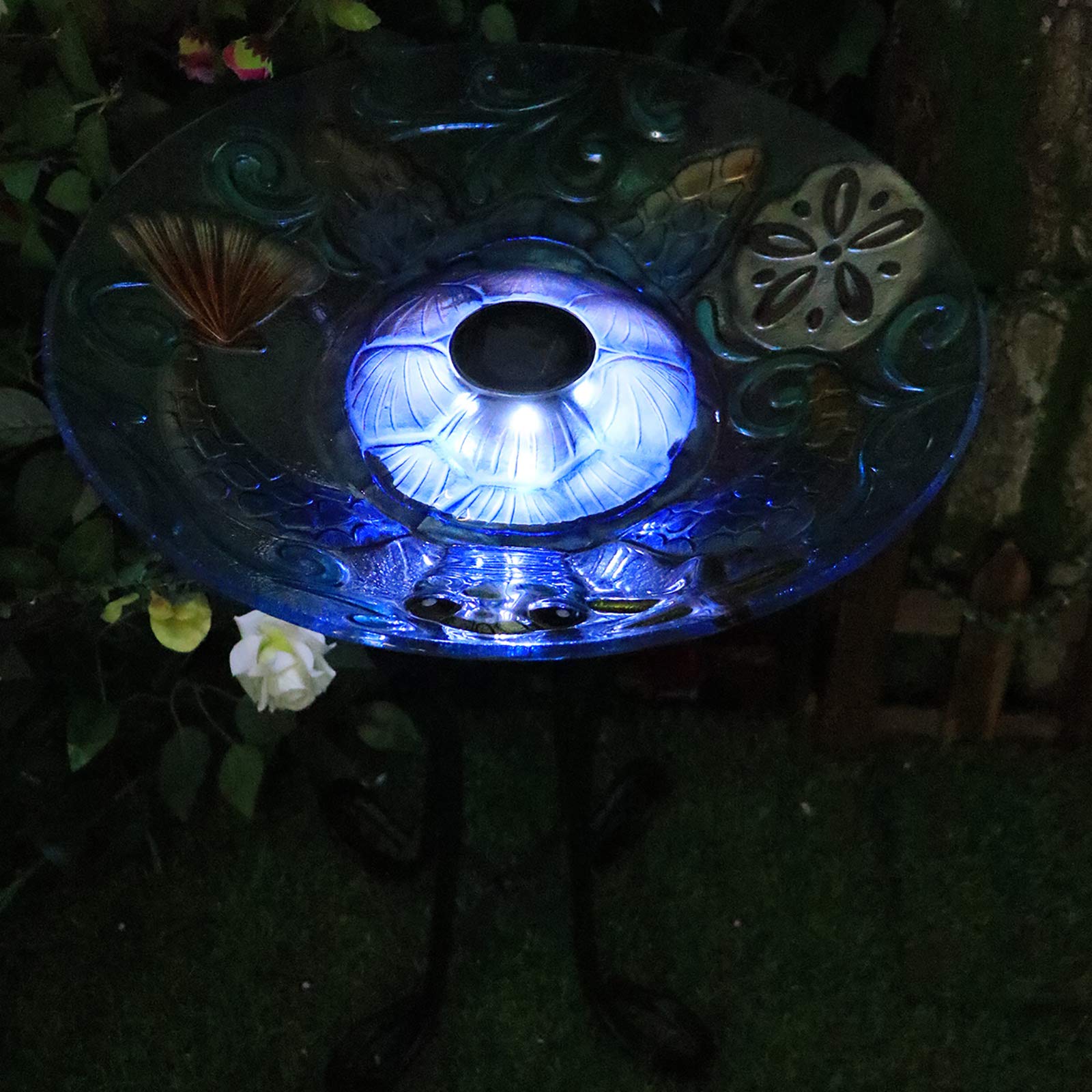MUMTOP Glass Bird Bath, Bird Baths for Outdoors, Solar Birdfeeder with Metal Stand for Garden, Yard, Lawn Decor Sea Turtle Pattern(Blue, 21.5"X18")