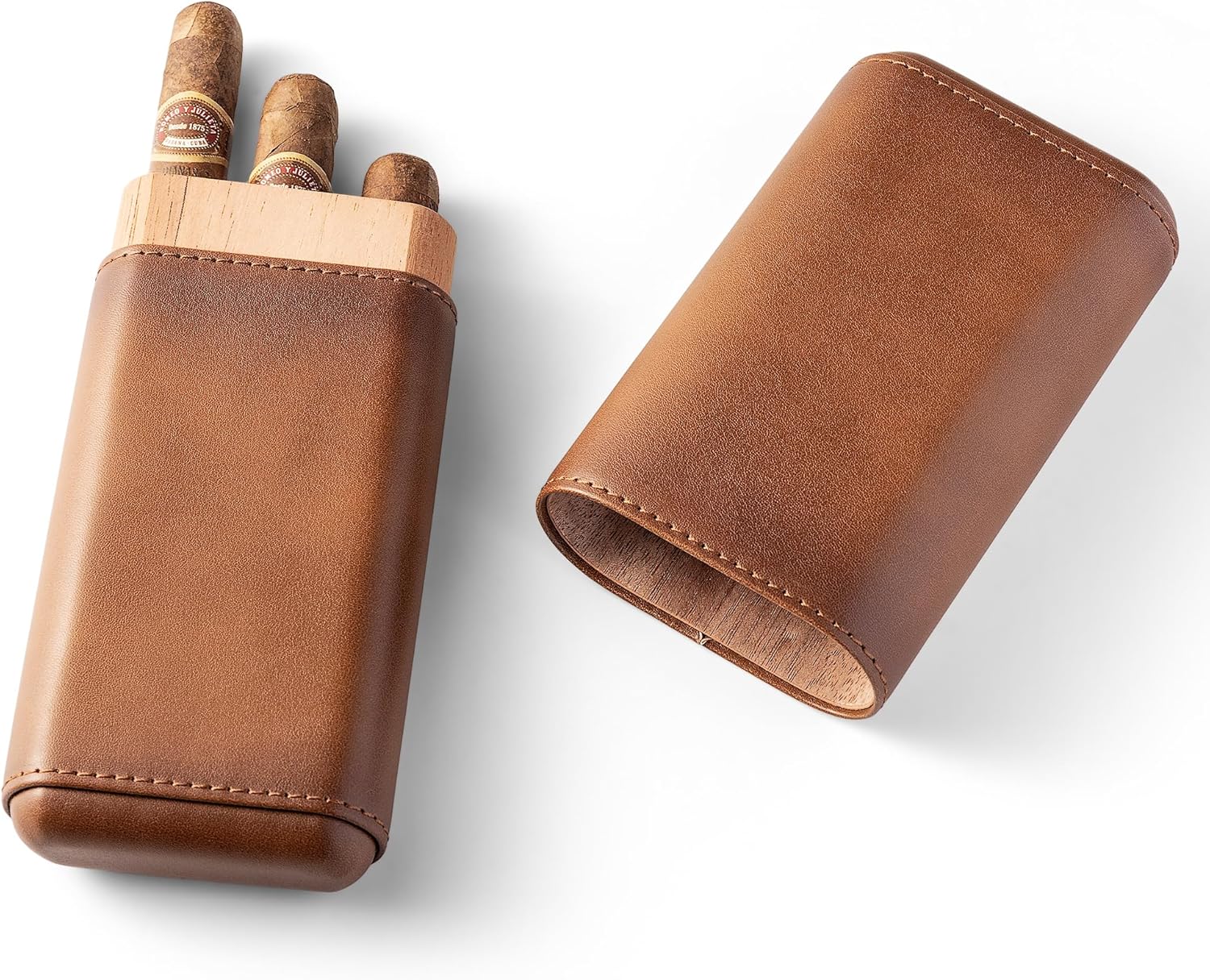Woodronic Cigar Case, Premium Brown Genuine Leather Cigar Travel Case with Spanish Cedar Wood Lined, Portable Cigar Humidor, Cigar Accessories Gift for Men (Holds 3 Cigars)