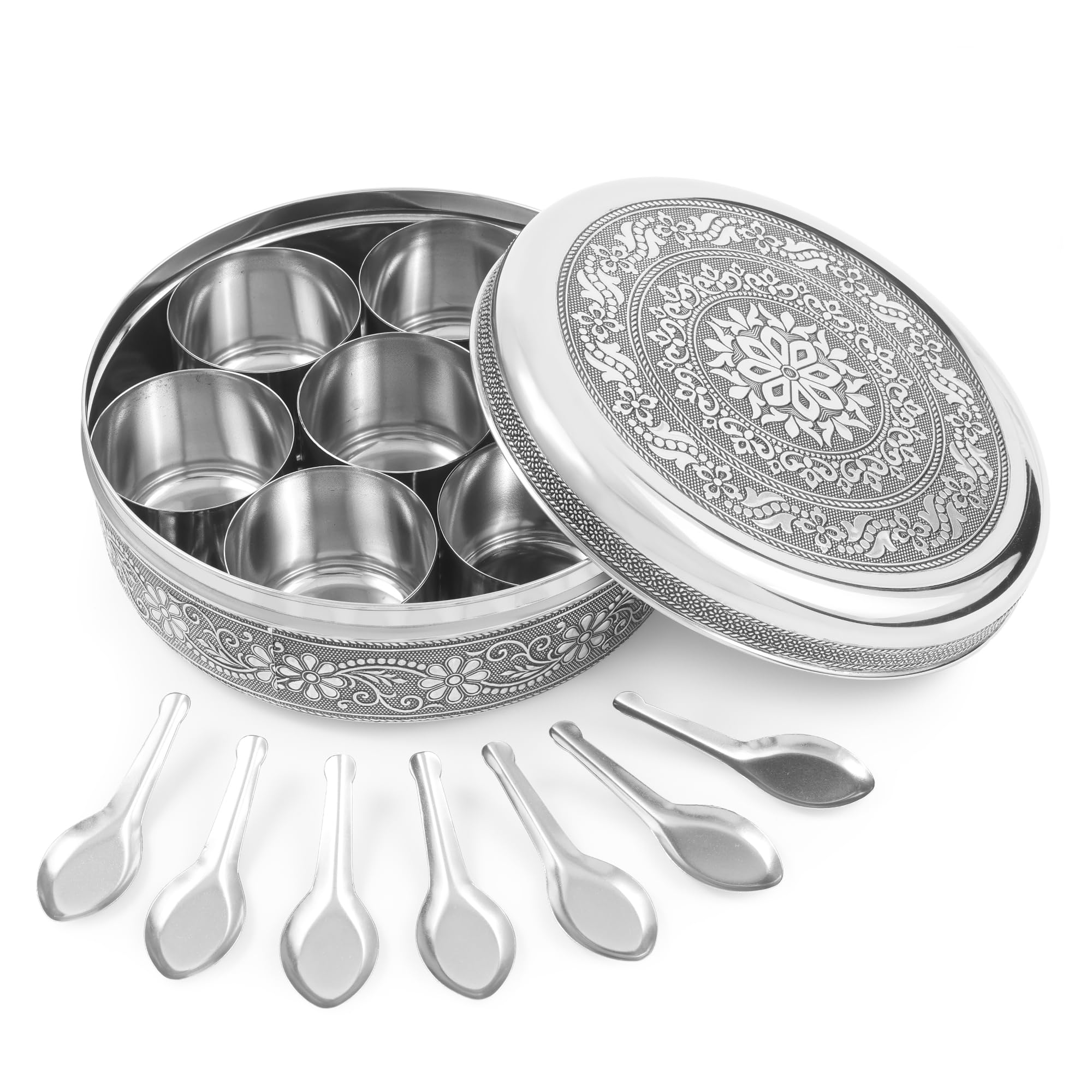 Photo 1 of KSJONE Designer Spice Container Masala Dabba, 7 Spice Jars, Holds 7 Spices, Spice Container Box, Polished Stainless Steel with 7 Serving Spoons, Indian Masala Dabba with Lid, 8 Inch