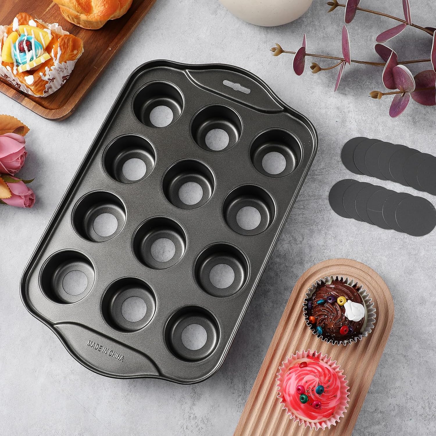 2 Pack Mini Muffin Pan with Removable Bottom 12 Cavity Nonstick Carbon Steel Cheesecake Cupcake Baking Pans, Round, Oven Safe, 13 x 8 Inches