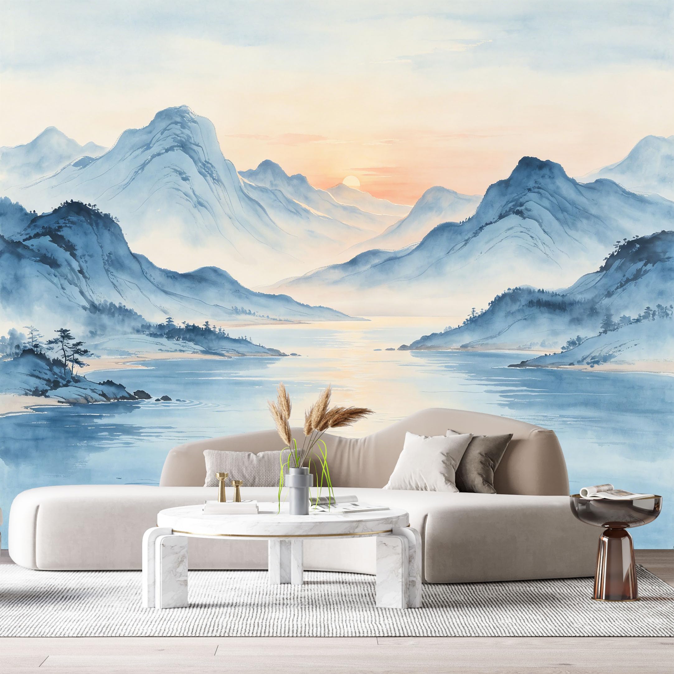 Custom Size Wall Murals Mountain Lake Landscape Watercolor Misty Sunrise SelfAdhesive Wall Fabric Removable Large Wallpaper for Photo Living Room
