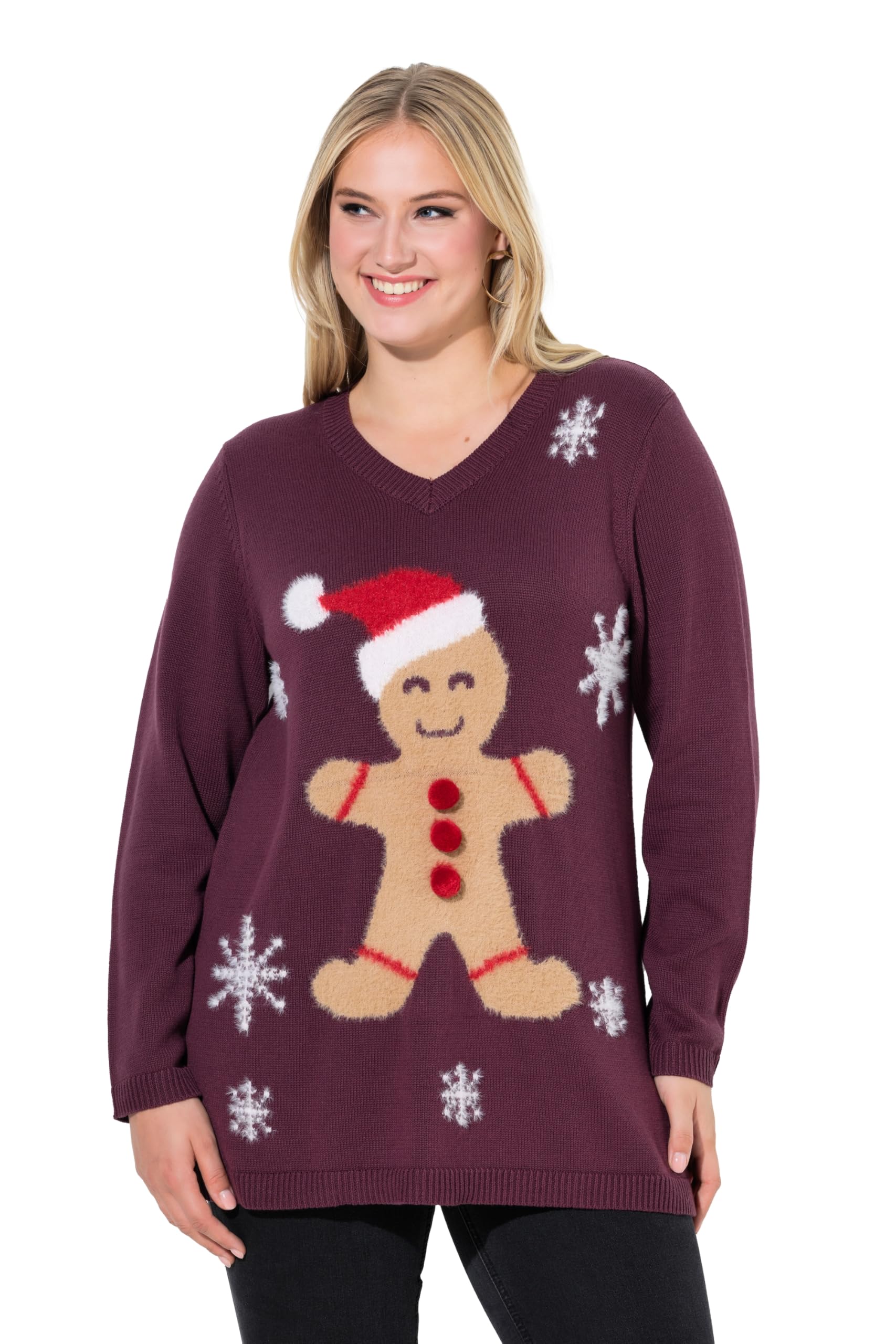 Ulla Popken Damen große Größen Übergrößen Plus Size Weihnachts-Pullover, Lebkuchenmann, V-Ausschnitt, Langarm 824473