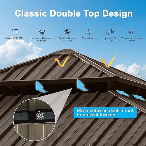 Miniatura 2 de Domi - Cenador permanente de aluminio para exteriores de 12 x 12 pies con techo de acero galvanizado, cortinas y red, para patios, patio trasero,