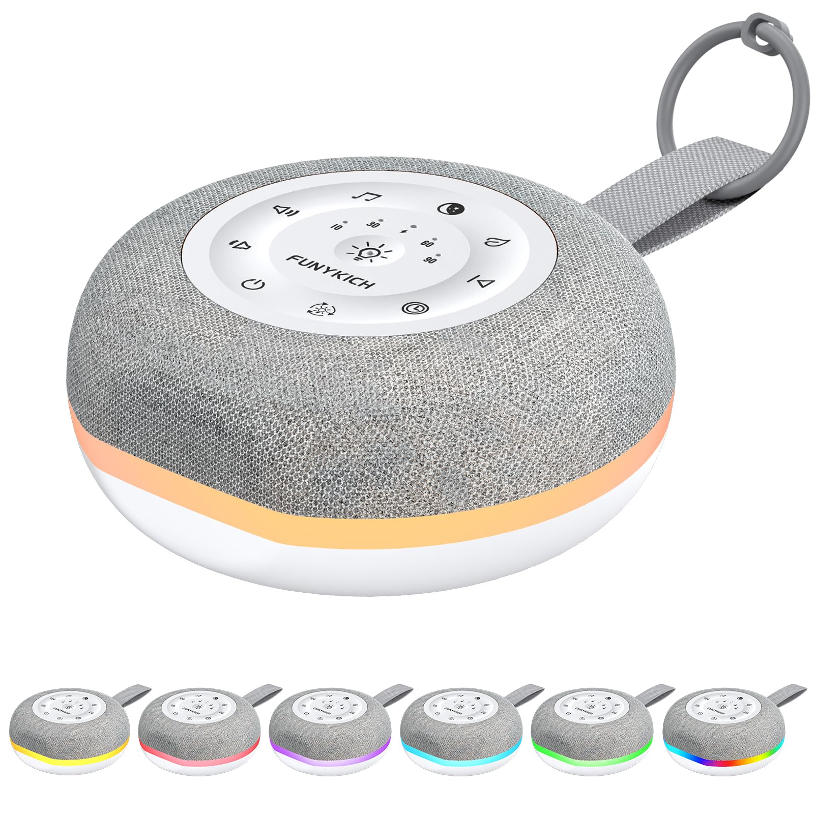 FUNYKICH Baby White Noise Machine, draagbare witte ruis machine voor volwassenen, 24 geluiden, 50 uur batterijduur, draadloze luidspreker en opnamefunctie, 7 kleuren nachtlampje, slaaptimer