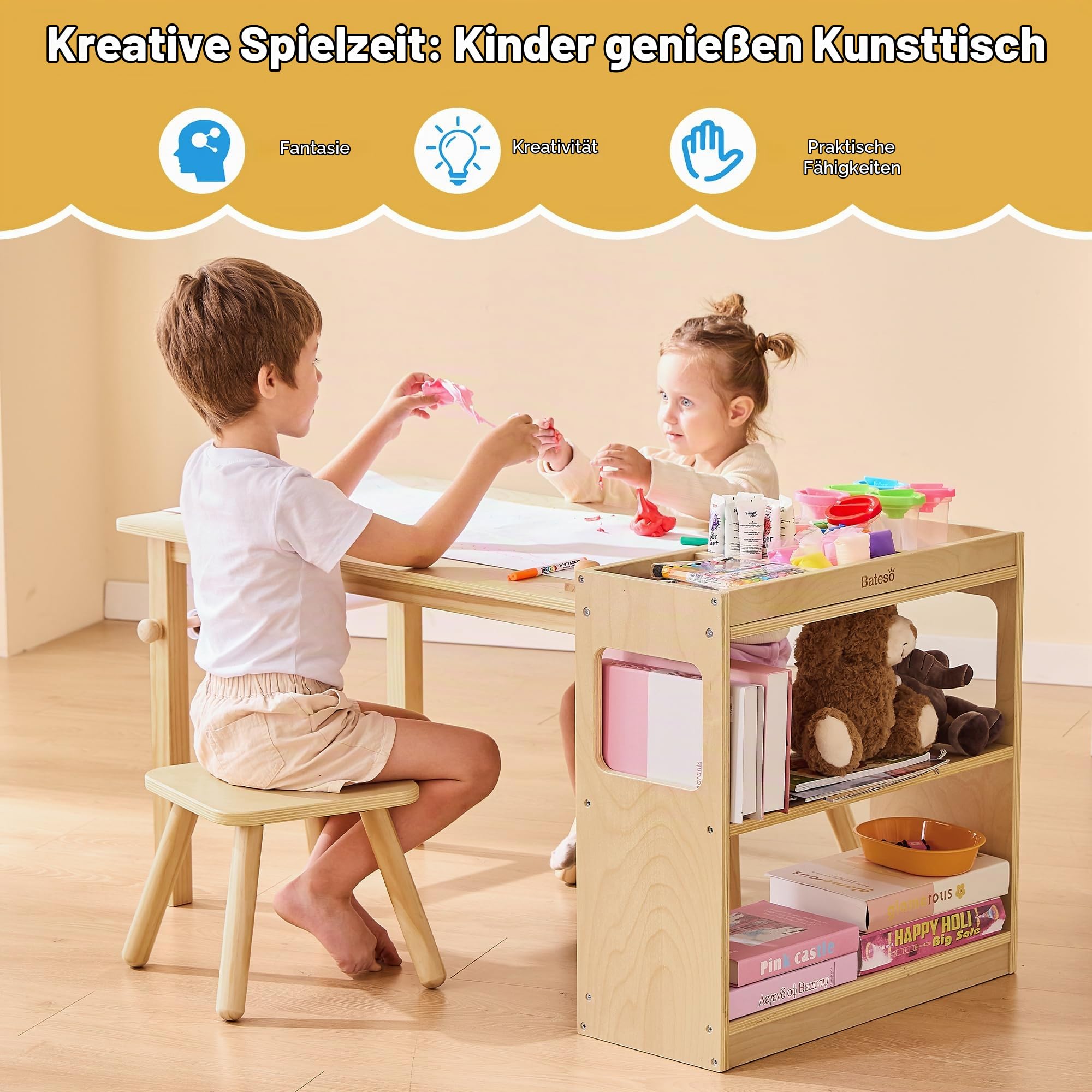 Bateso Kinder-Kunsttisch & 2 Stühle Set mit Rollenpapier - Geräumiger Basteltisch mit Ablageflächen zum Zeichnen, Arbeiten und Lernen - Ideale Holzmöbel für kreatives Spielen