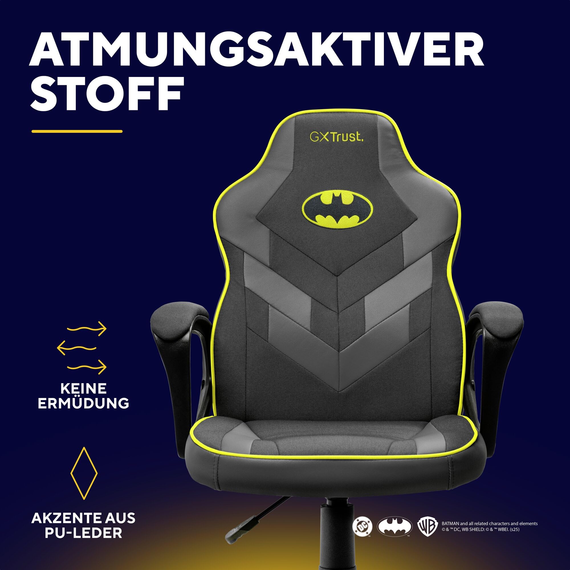 GXTrust Revvo Batman Lizenziert Gaming Stuhl für Kinder 4-12 Jahren | Gepolsterte Armlehne, Gasfeder Klasse 3, Stoffpolsterung, Höhenverstellbarer Schreibtischstuhl, Schwarz