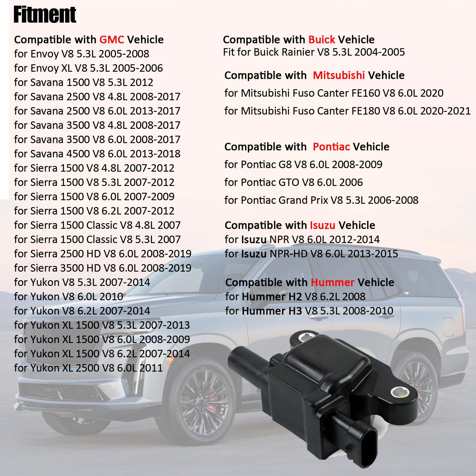 8pcs Ignition Coils UF413 for 5.3L V8 2007 2008 2009 2010 2011 for Chevrolet Tahoe For GMC Yukon XL Fit For Pontiac G8 for Hummer for Buick for Cadillac Escalade Replace 12570616 8125706160 8126114240