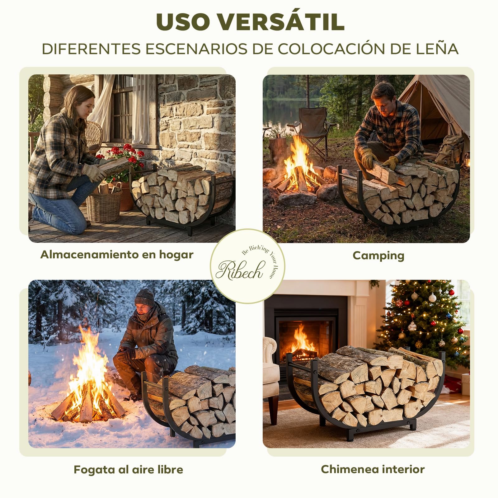 Estantería para Leña de Metal | Almacenamiento de Leña para Interior y Exterior | Soporte para Chimenea, Jardín, Camping y Autocaravana | Fácil Montaje, Negro