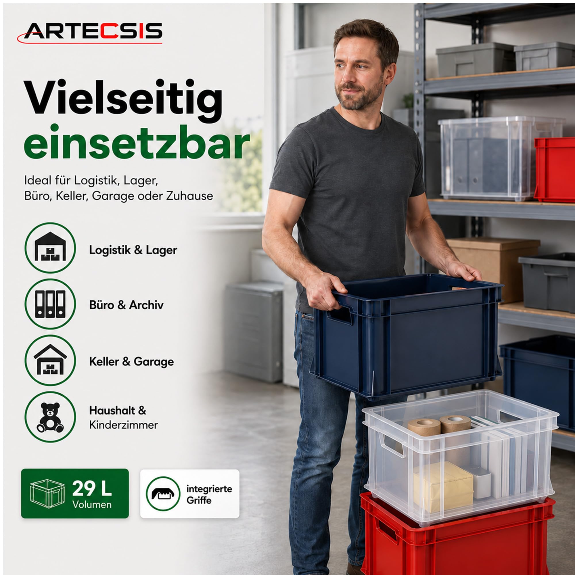 ARTECSIS® 3 x Kunststoffkiste 29L (stapelbar) rot - Transport & Lagerbox (41x34x24cm) - Aufbewahrungsbox & Lagerkiste aus stabilem Kunststoff - Ordnungsbox & Transportkiste Garten & Werkstatt